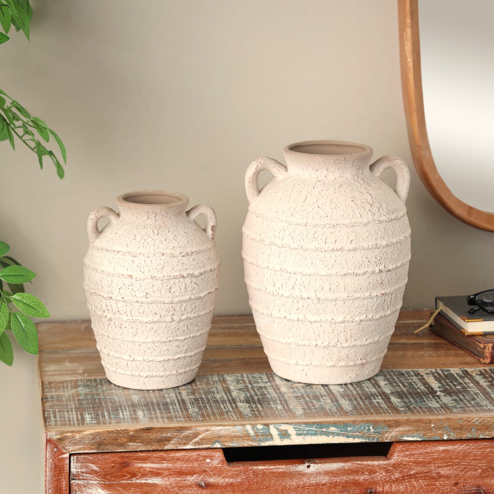 Cream Ceramic Textured Vase Set with Handles & Terra Cotta Accents