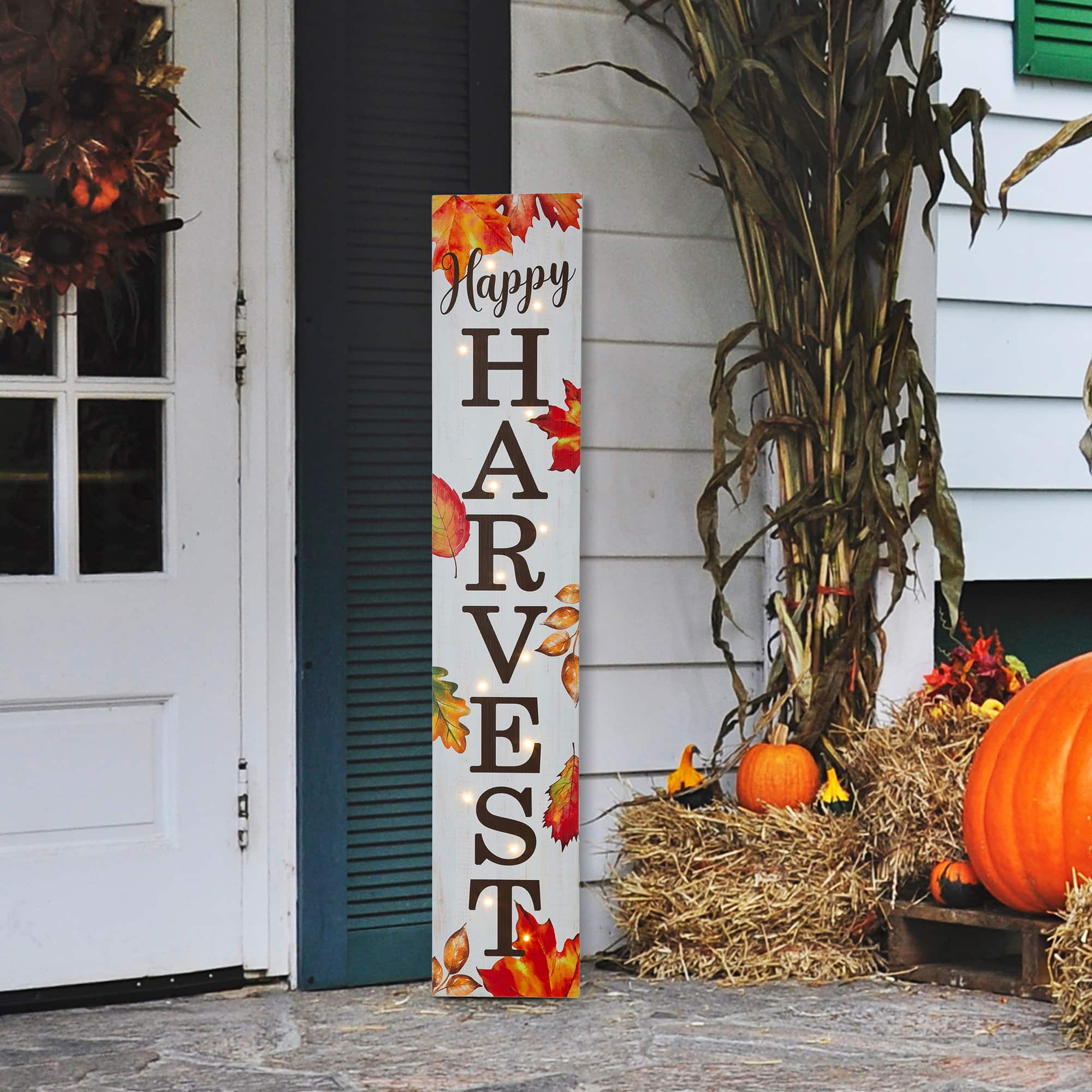 Glitzhome® 42" Fall Lighted Maple Leaves Wooden Porch Sign