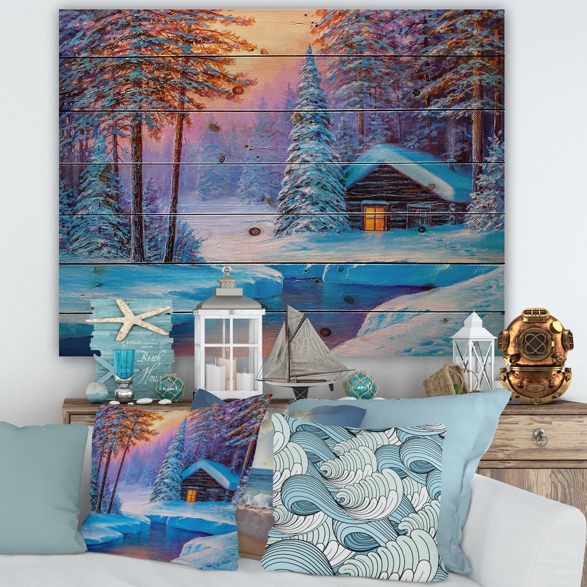 Designart - Old Cabin In Winter Forest I - Traditional Print on Natural Pine Wood