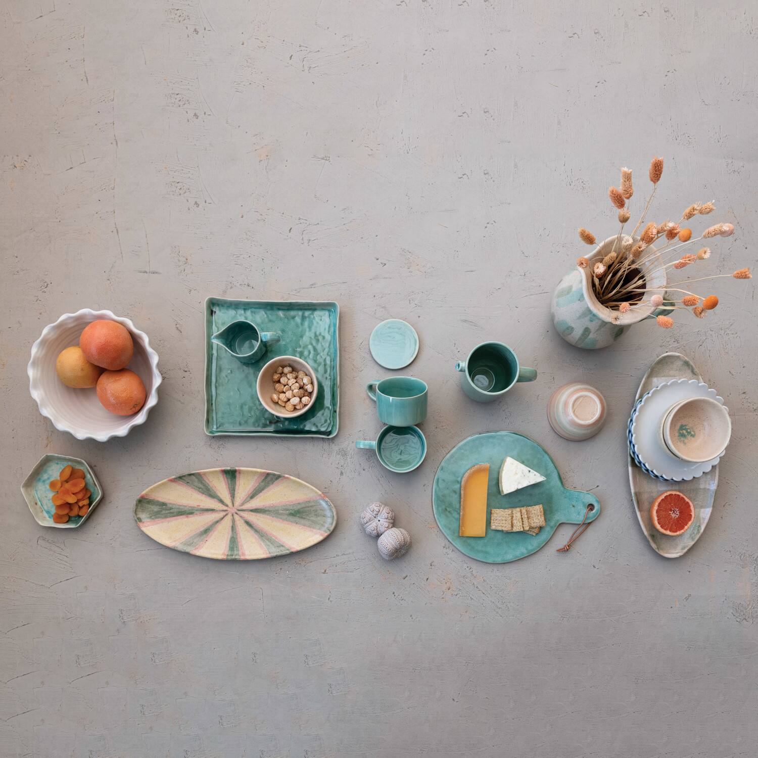 Hello Honey® 10" Blue, Green & Cream Stoneware Bowl with Scalloped Edge Set