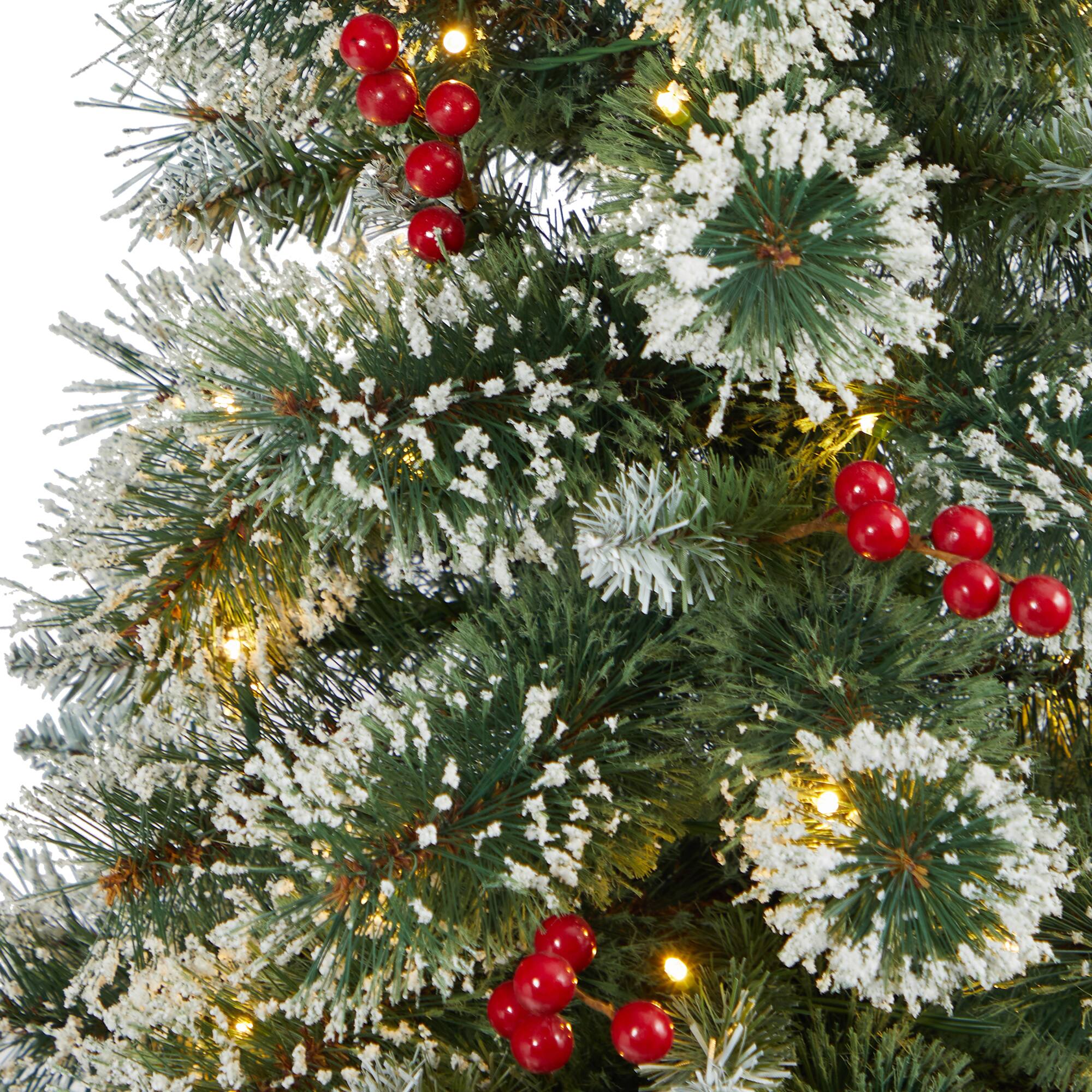 4ft. Pre-Lit Potted Frosted Swiss Pine Artificial Christmas Tree with Berries, Clear LED Lights