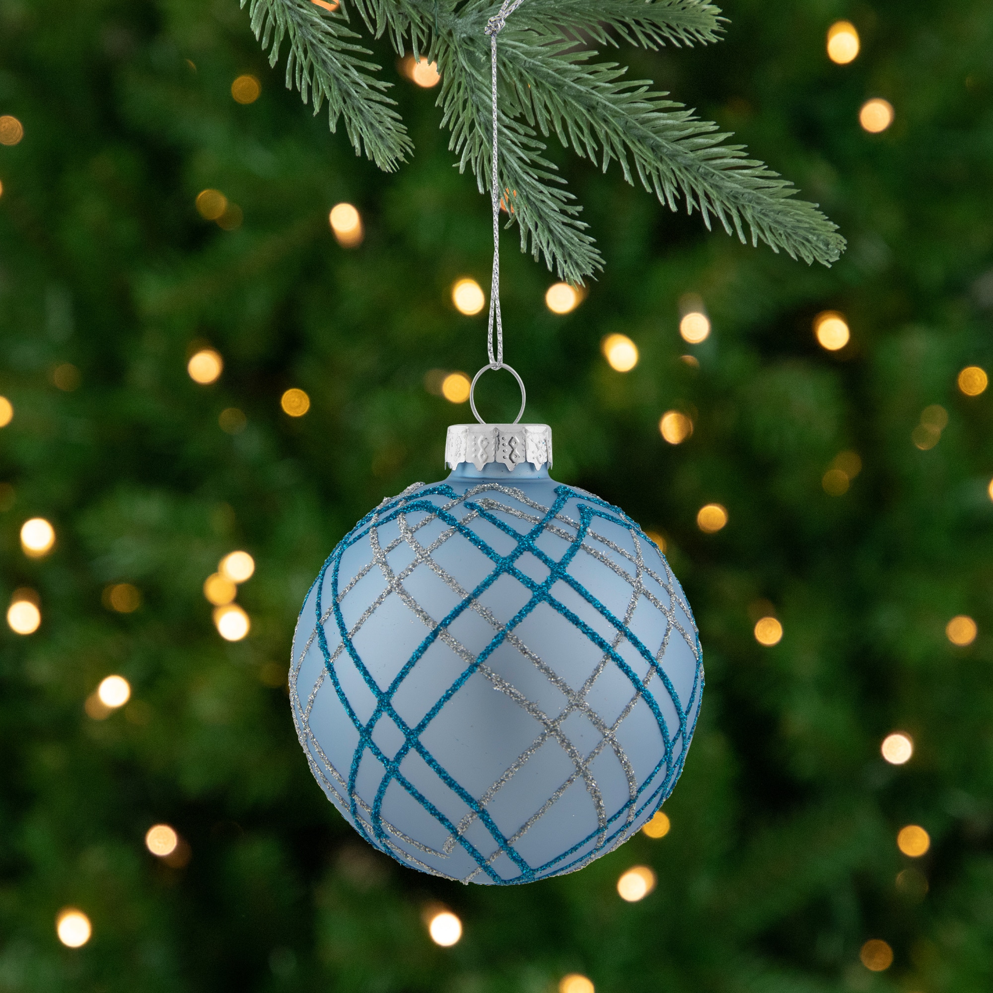 4ct. 2.75" Blue & Silver Plaid Glitter Glass Christmas Ornament Ball Set