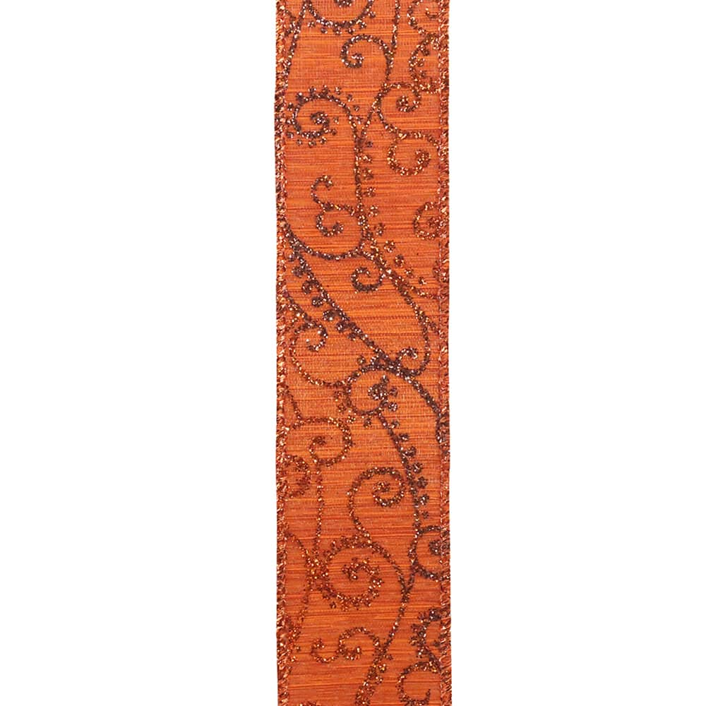 Reliant 1.5&#x22; x 20yd. Wired Orange Glitter Swirl Ribbon