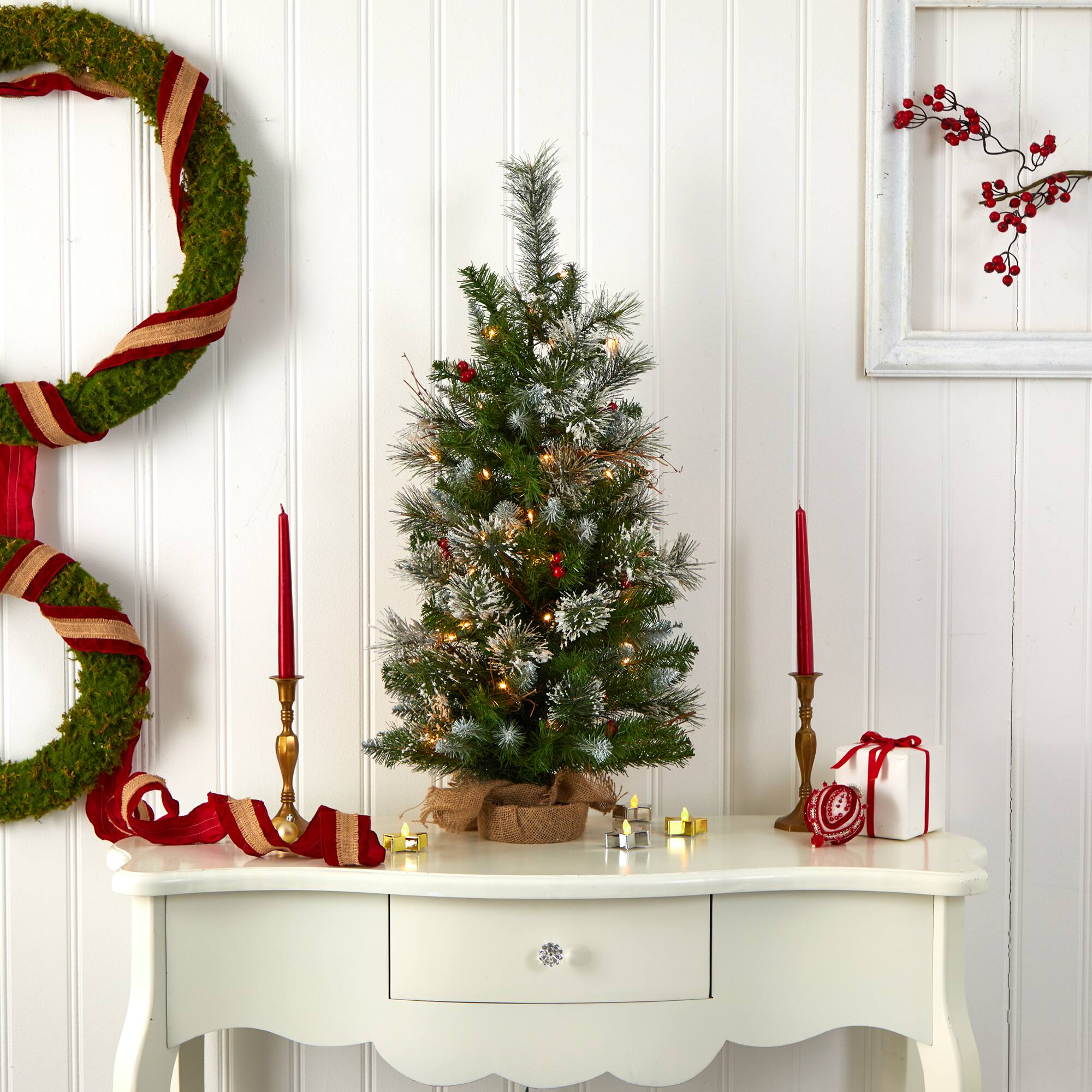 3ft. Pre-Lit Artificial Christmas Tree with Berries, Clear Lights