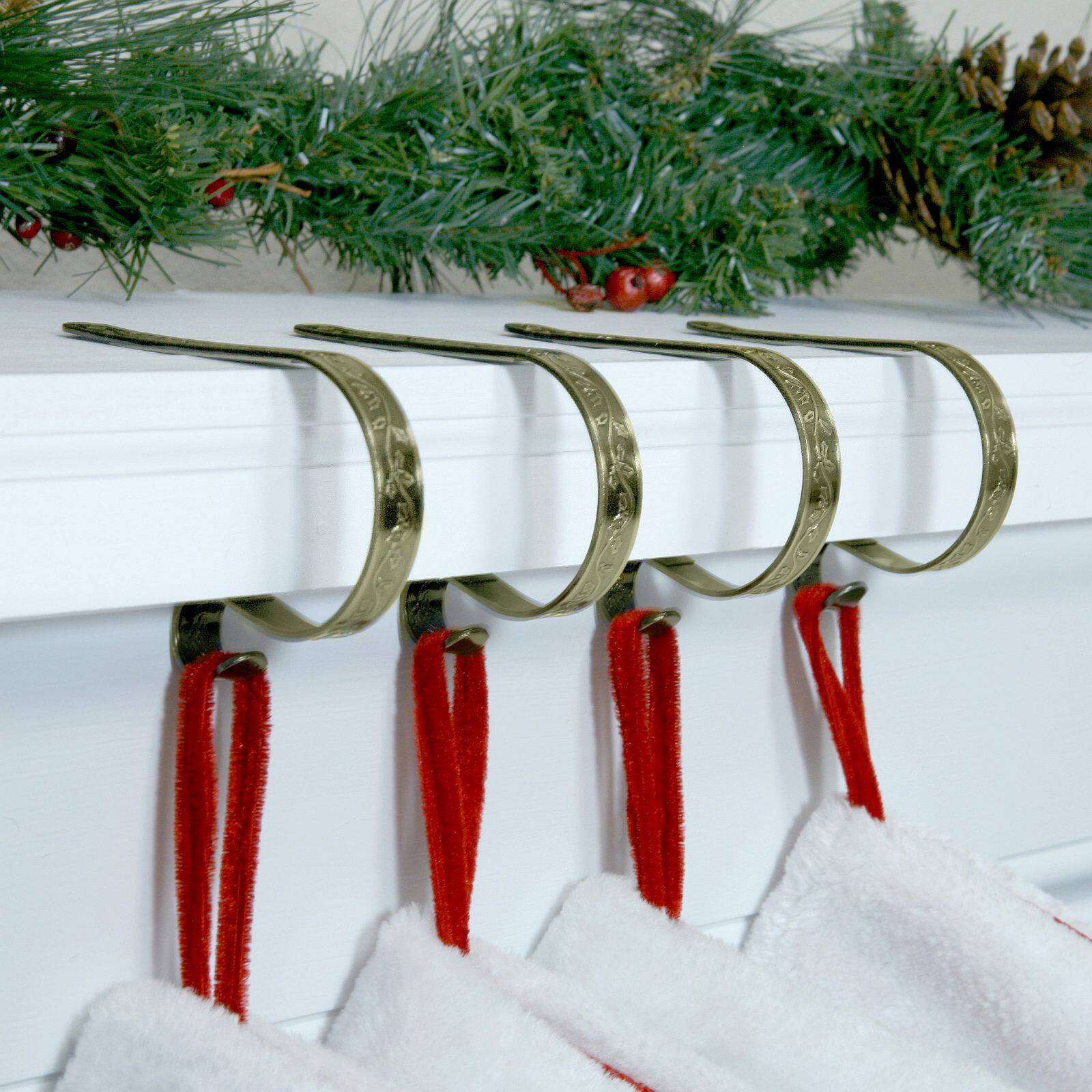 Original MantleClip® Holly Embossed Antique Brass Stocking Holders, 4ct.