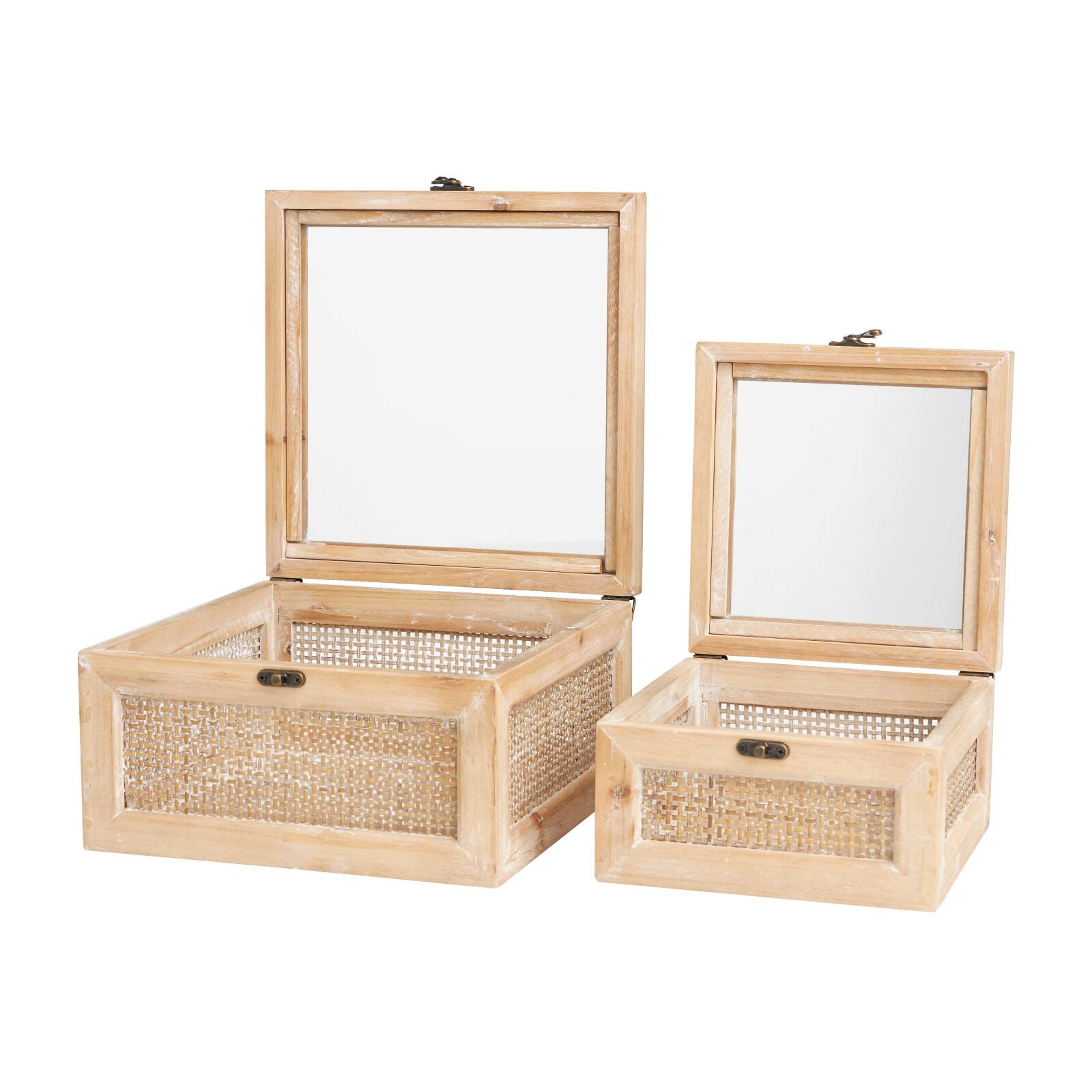 The Novogratz Light Brown Box with Glass Top & Rattan Side Panels Set
