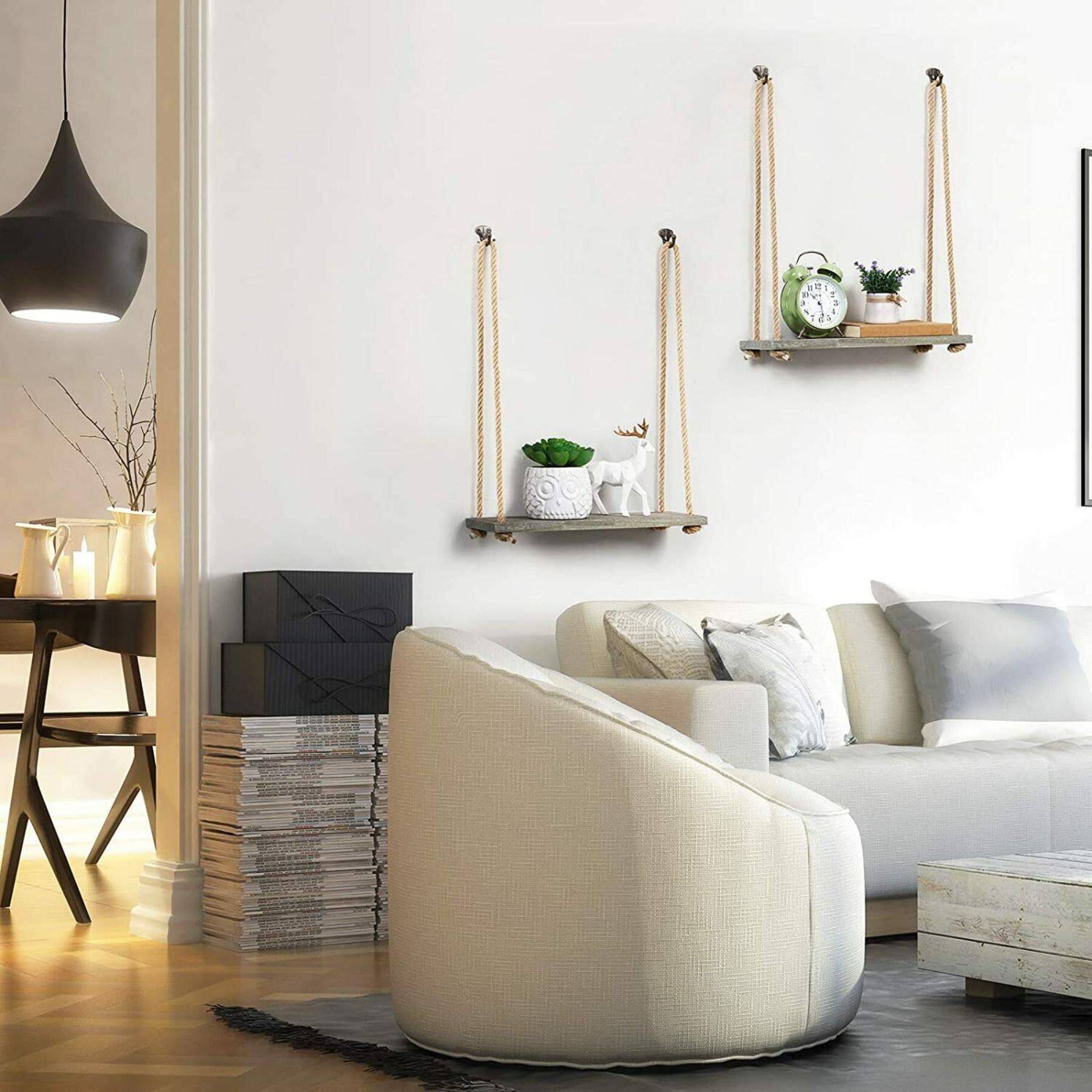 NEX™ 16" Gray Green Hanging Rope Wood Wall Shelves, 4ct.