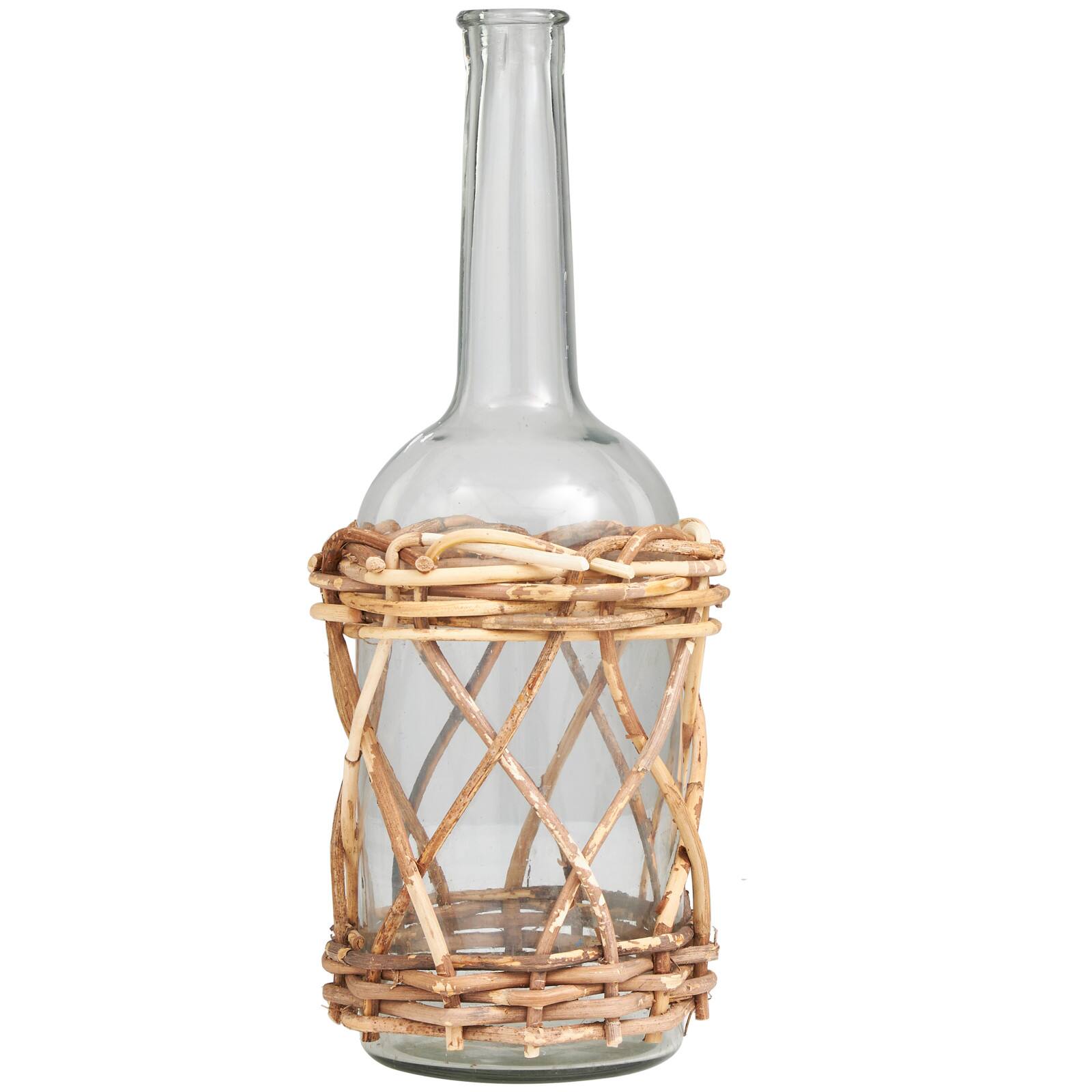 19" Clear Glass Handmade Vase with Brown Rattan Woven Lower Body