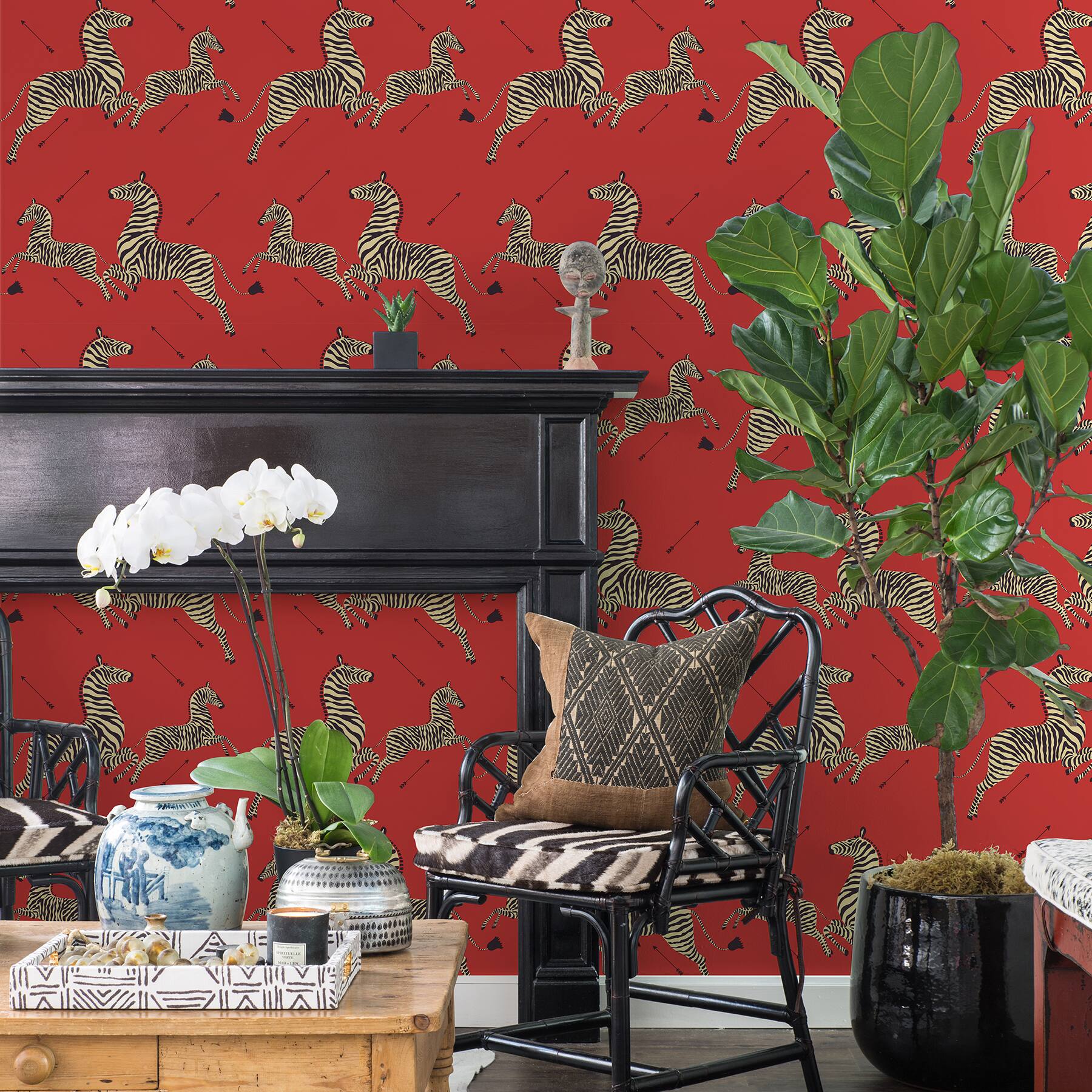 Scalamandre Masai Red Zebra Safari Peel & Stick Wallpaper