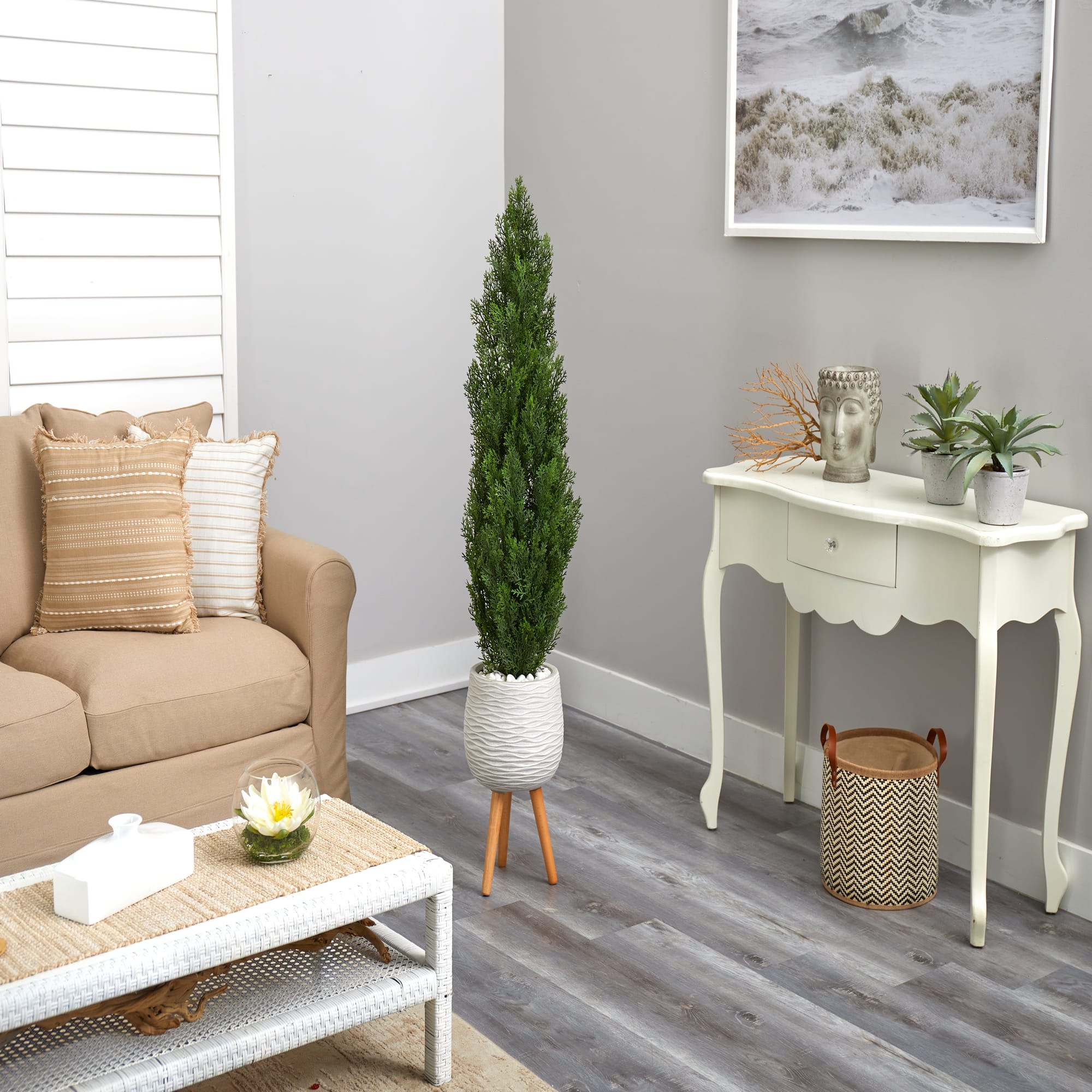 5ft. Cedar Artificial Tree in White Planter with Stand (Indoor/Outdoor)