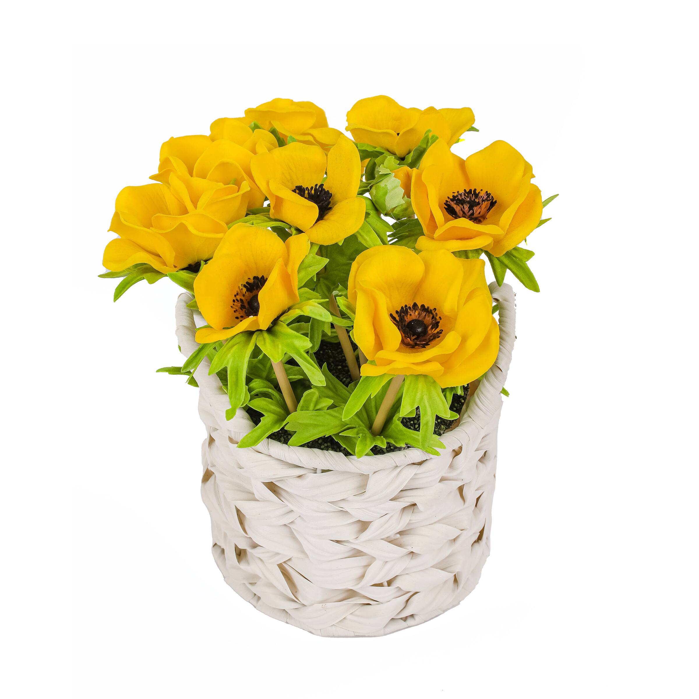 10" Anemone Flower Bouquet In White Basket
