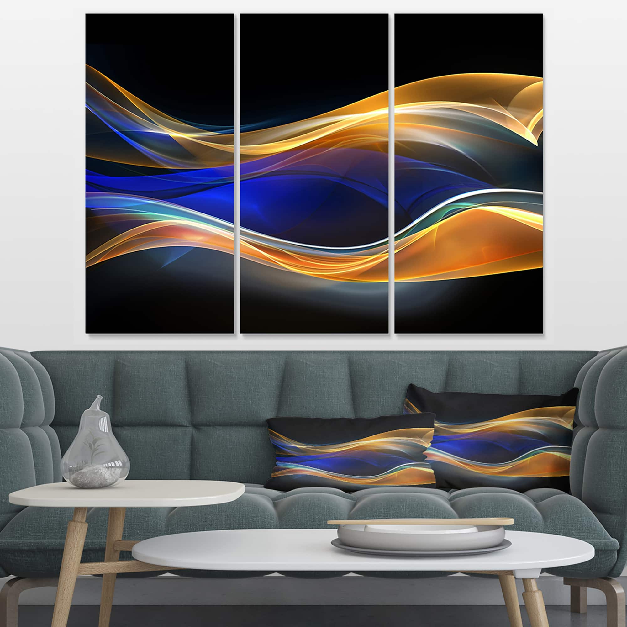 Designart - 3D Gold Blue Wave Design - Abstract Canvas art print