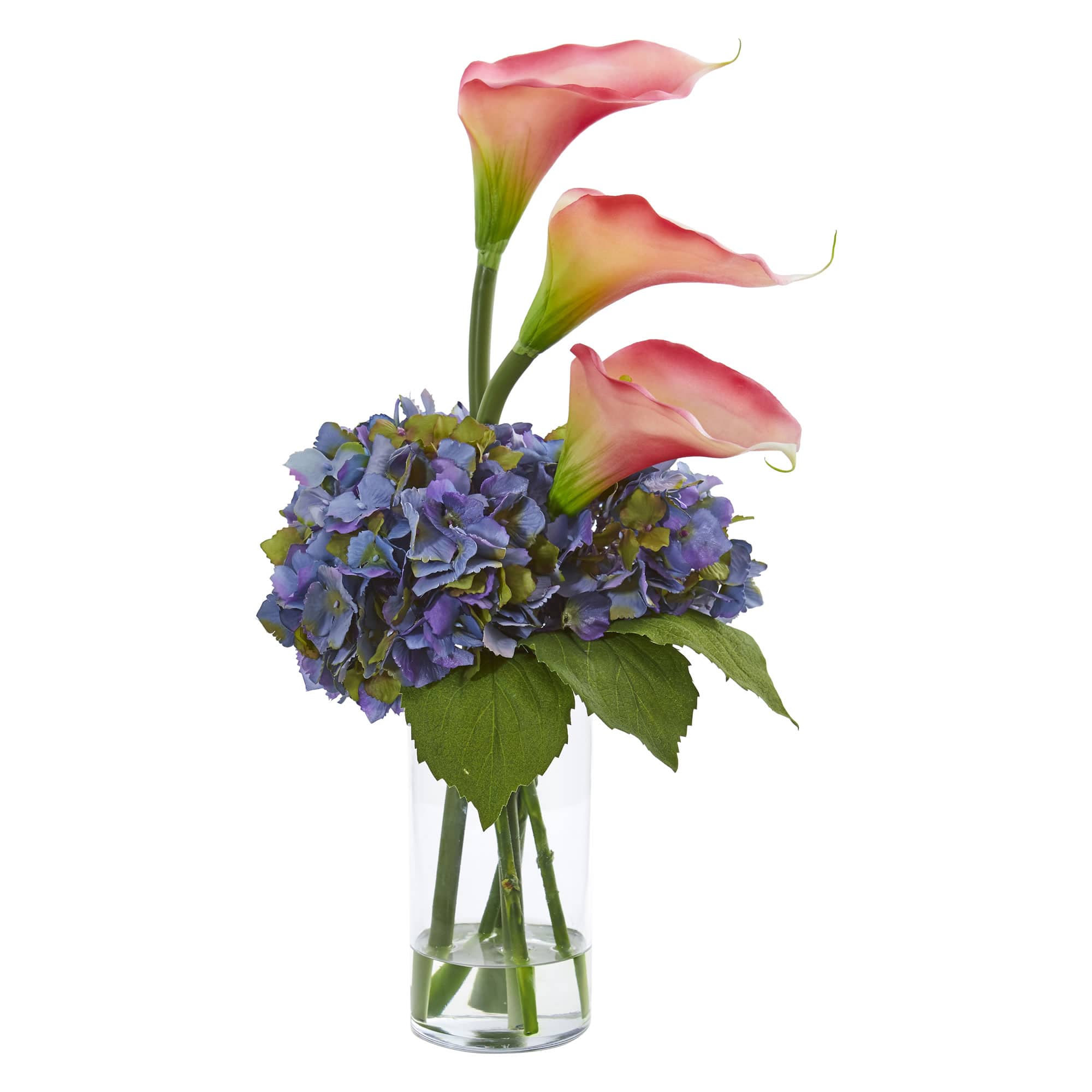 18" Calla Lily & Hydrangea Arrangement in Clear Vase