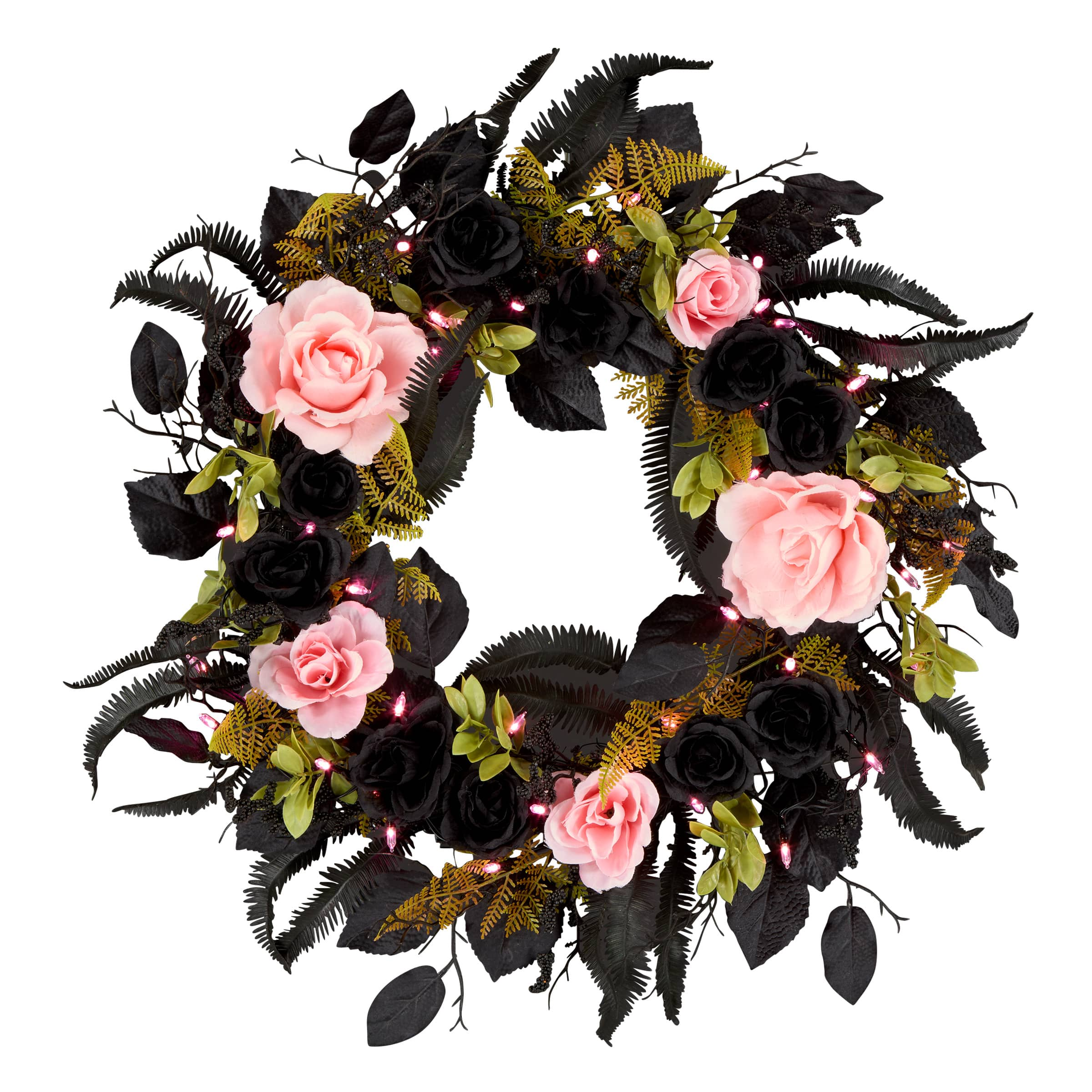 24&#x22; Cute &#x26; Creepy Black &#x26; Pink Flower Halloween Pre-Lit LED Wreath