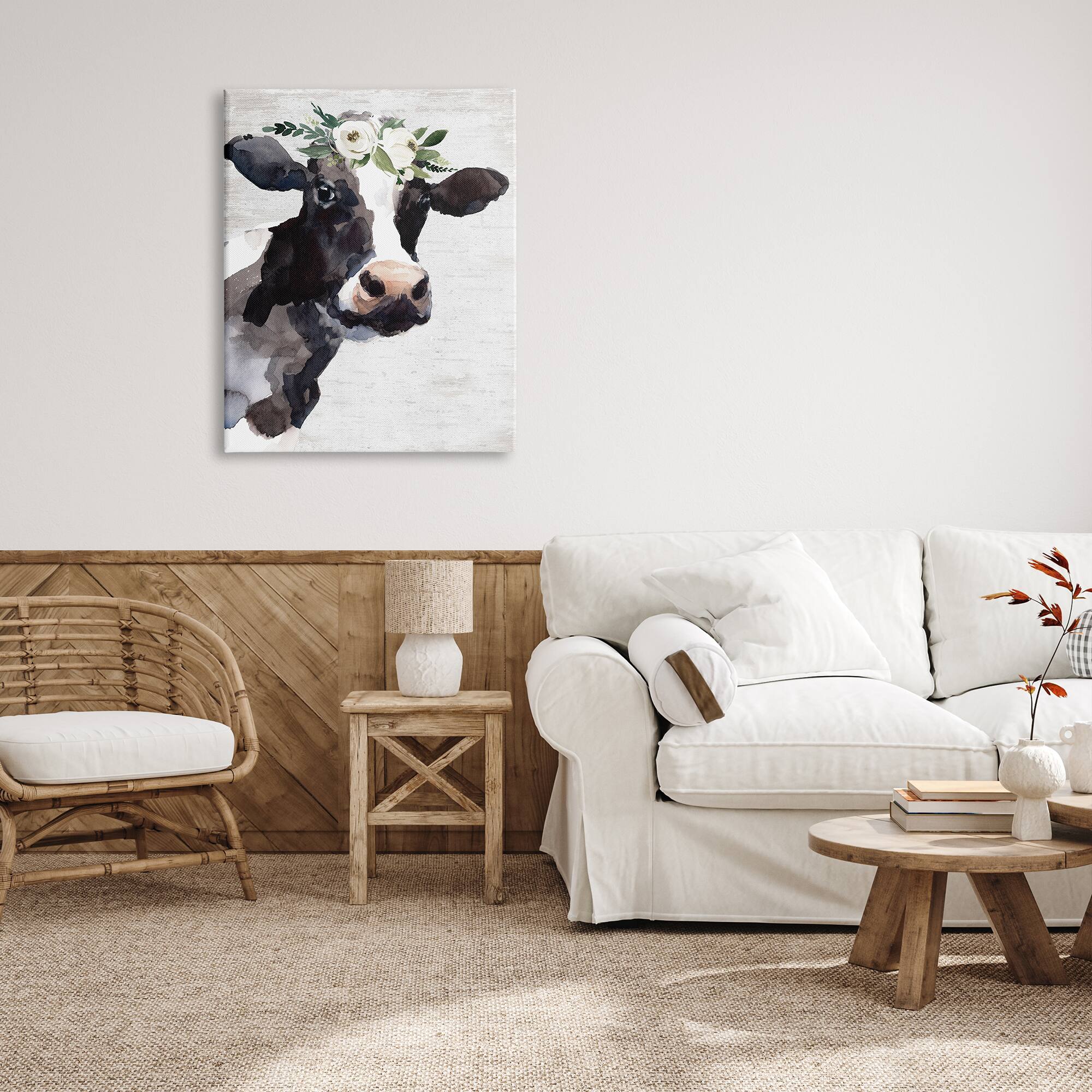 Stupell Industries Dairy Farm Cow Boho Floral Crown Charming Animal Canvas Wall Art