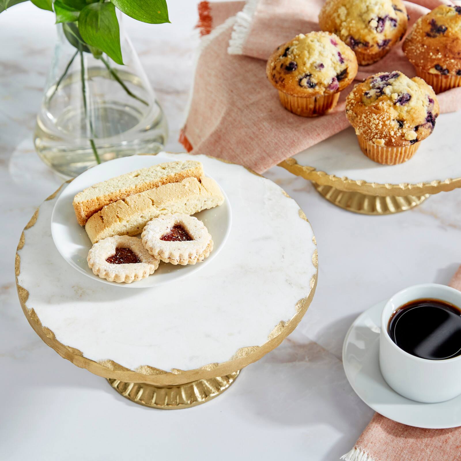 Set of 2 Gold Marble Natural Cake Stand, 12", 10"