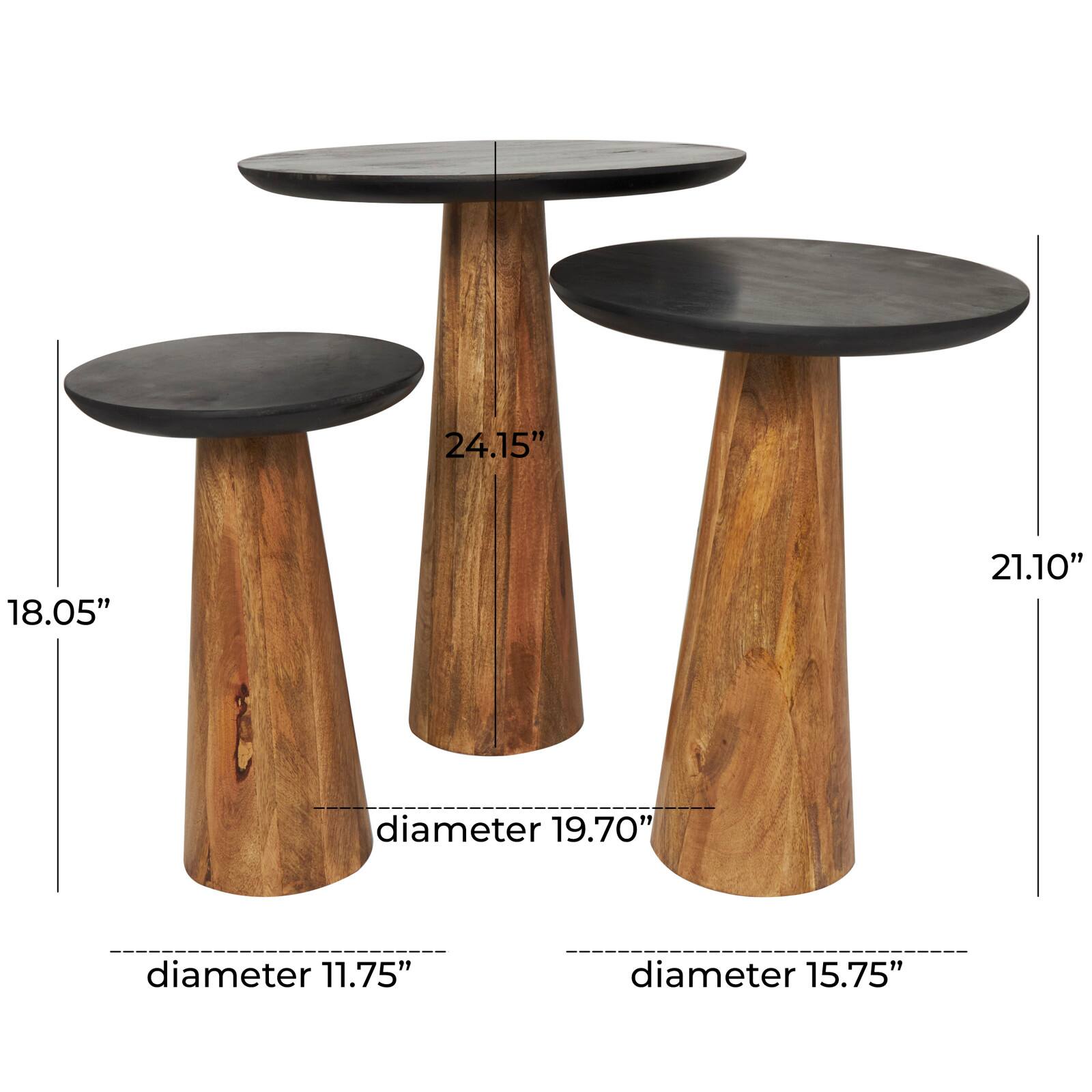 Brown Mango Wood Handmade Cone Shaped Accent Table with Black Tabletop Set