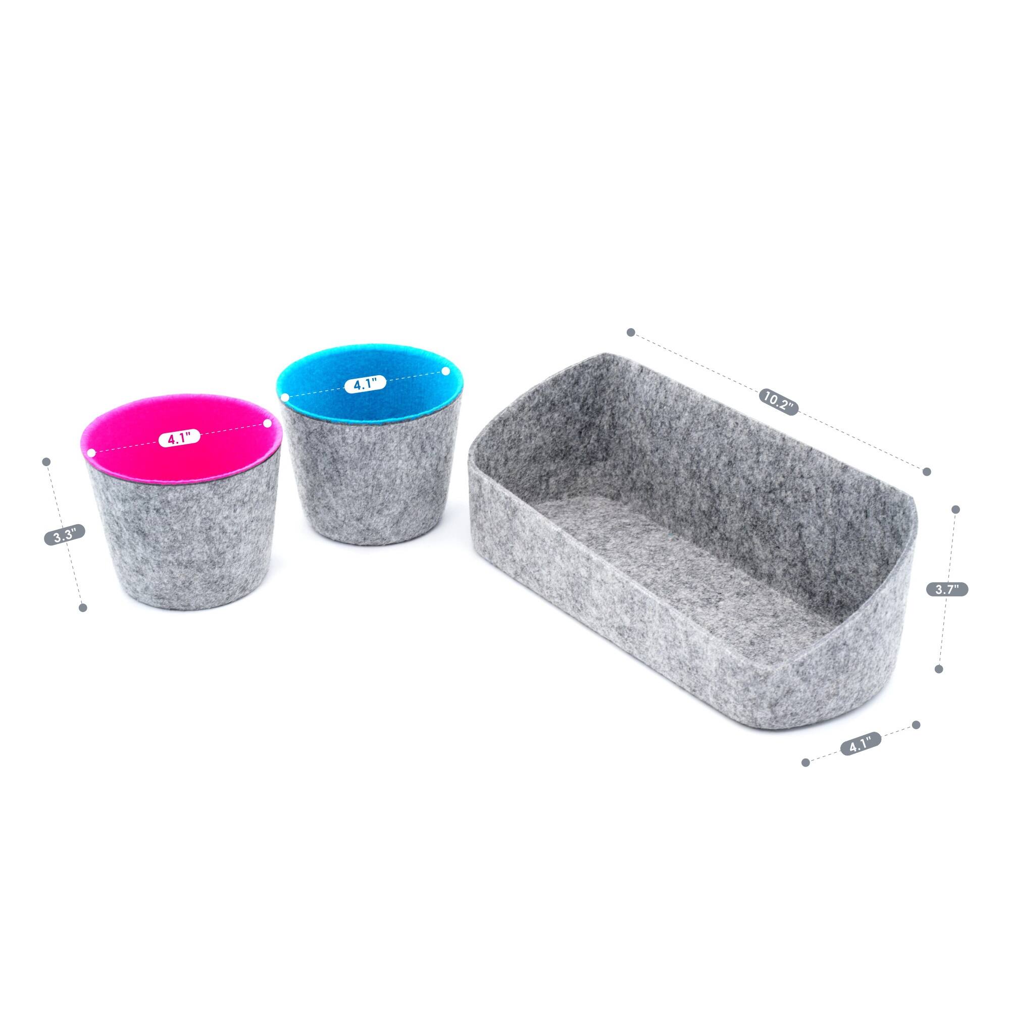 Welaxy Felt 3 Piece Gray Tray with Turquoise &#x26; Hot Pink Cups Desktop Organizer Set