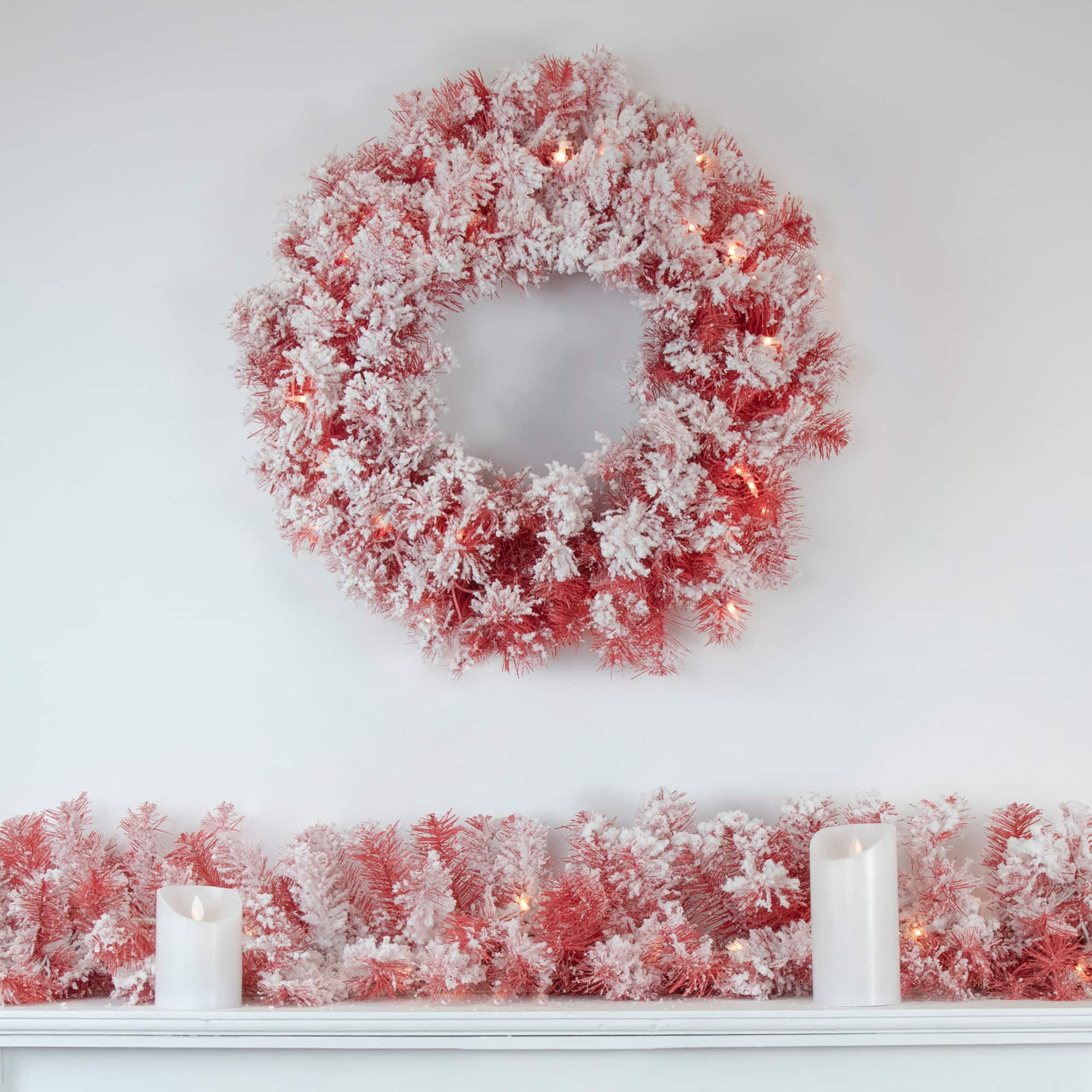 24&#x22; Pre-Lit Flocked Red Artificial Christmas Wreath
