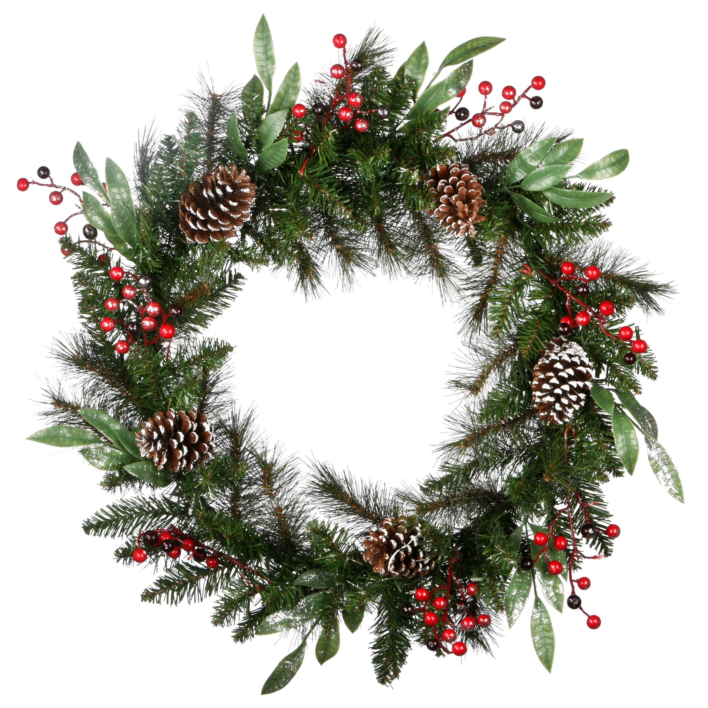 30" Frosted Pine Berry Collection Wreaths with Big White Edged Pine Cones, Red Berries, Silver Glittered Eucalyptus Leaves & Warm White LED Lights