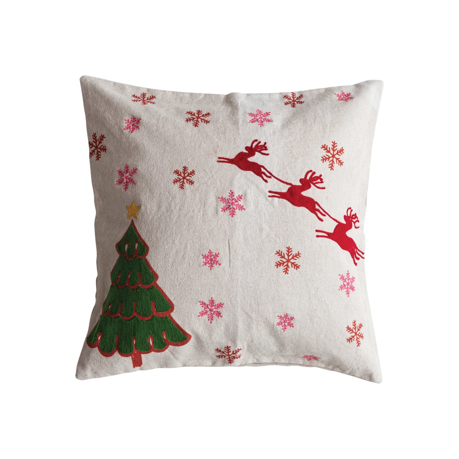 Hello Honey&#xAE; 18&#x22; Embroidered Tree &#x26; Snowflakes with Reindeer Linen Throw Pillow