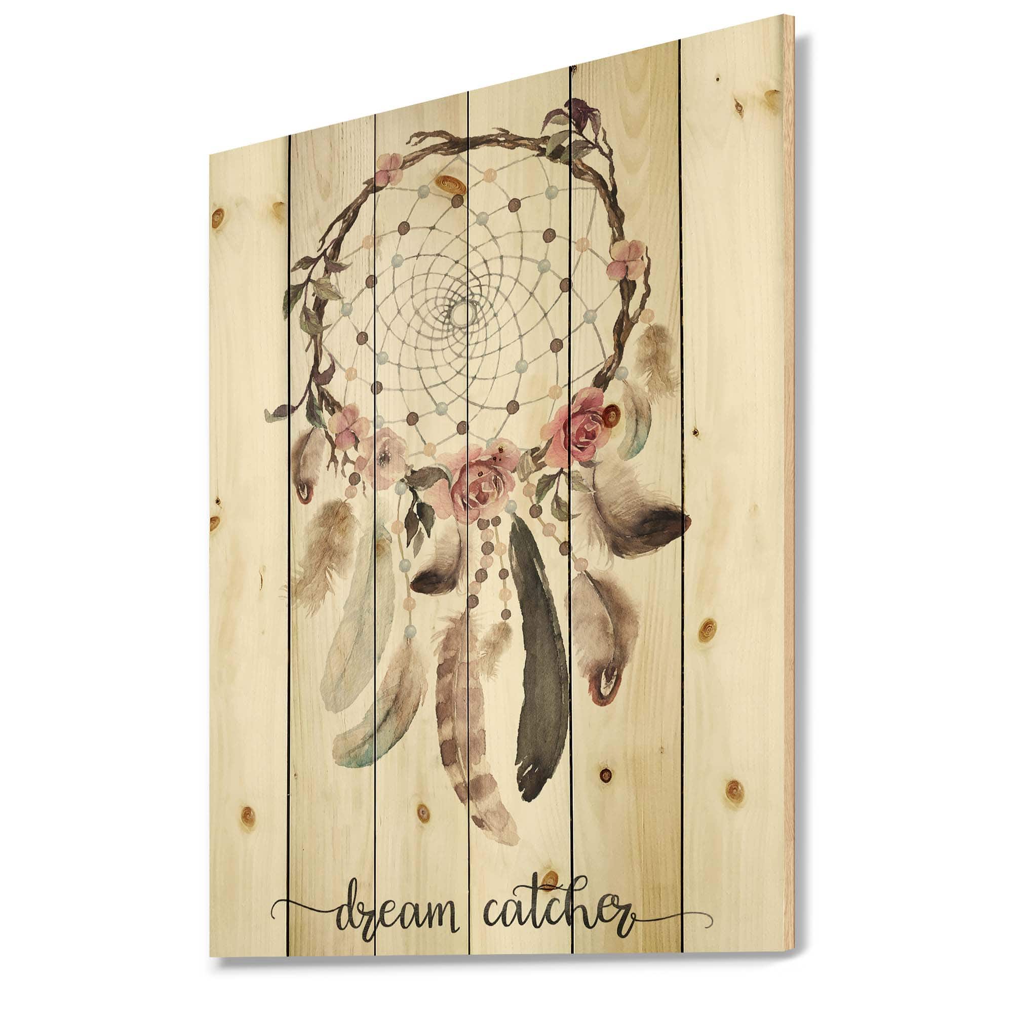 Designart - Dream Catcher With Ethnic Feathers - Bohemian &#x26; Eclectic Print on Natural Pine Wood
