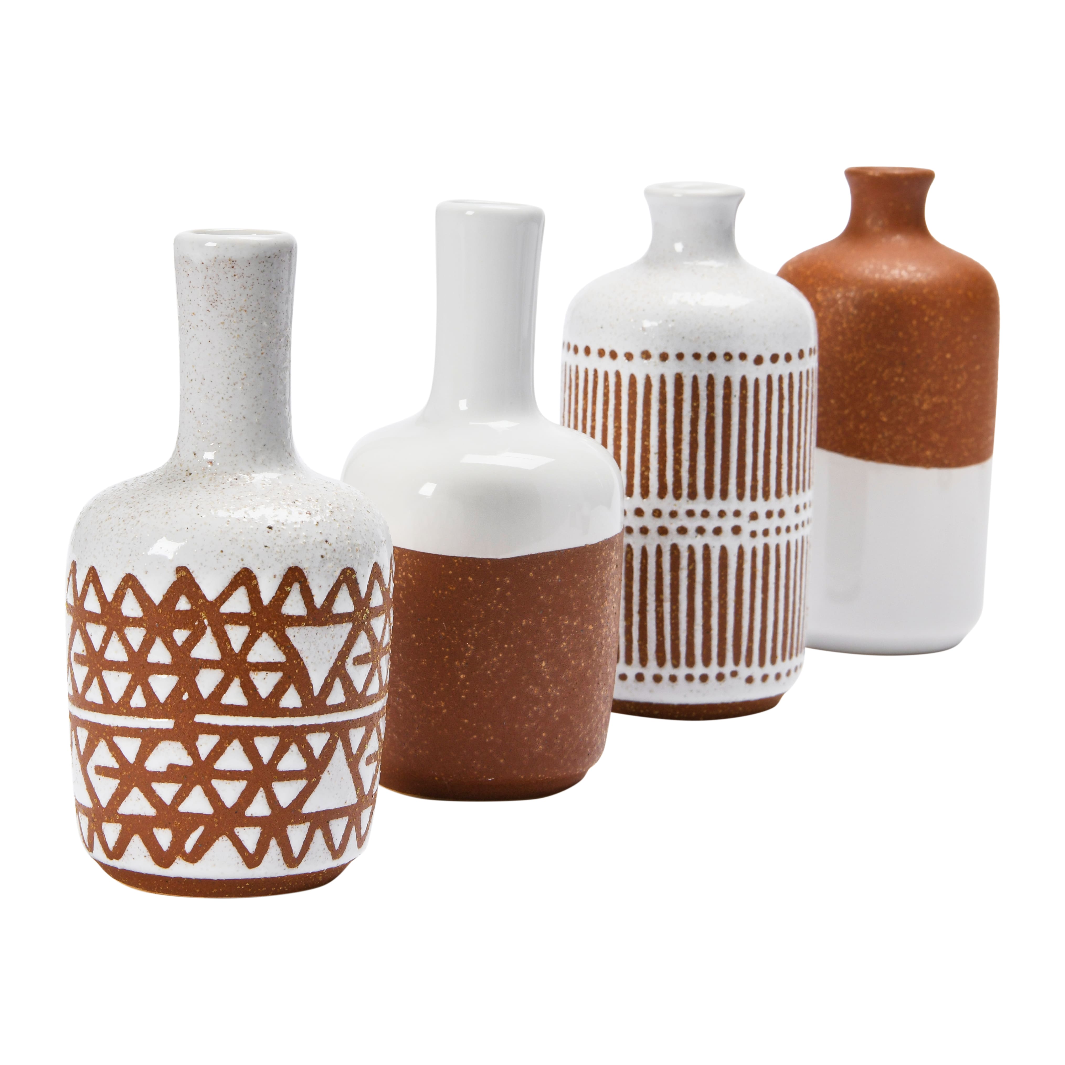 Mixed Pattern Brown &#x26; White Stoneware Vase Set
