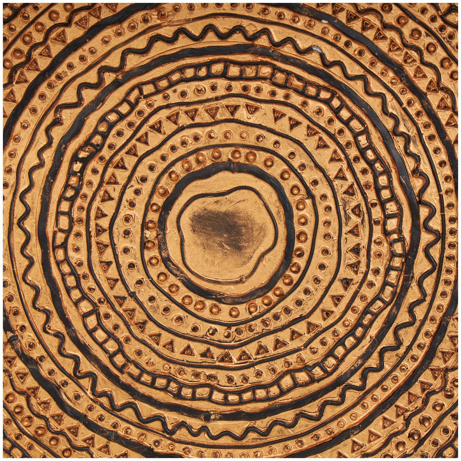 17" Brown Metal Tribal Carved Circular Sculpture with Black Stand & Wavy Edge