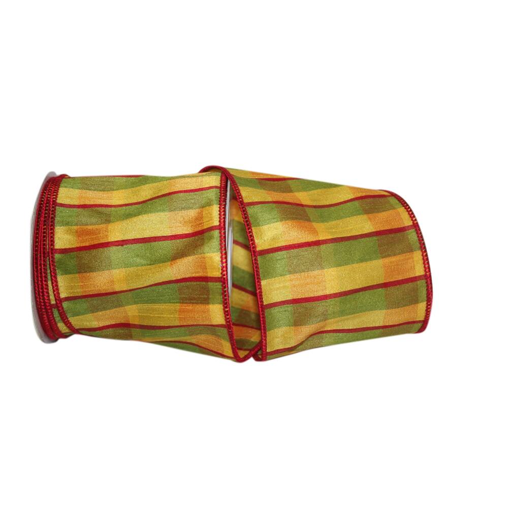 JAM Paper 4" x 10yd. Dupioni Wired Edge Field Plaid Ribbon