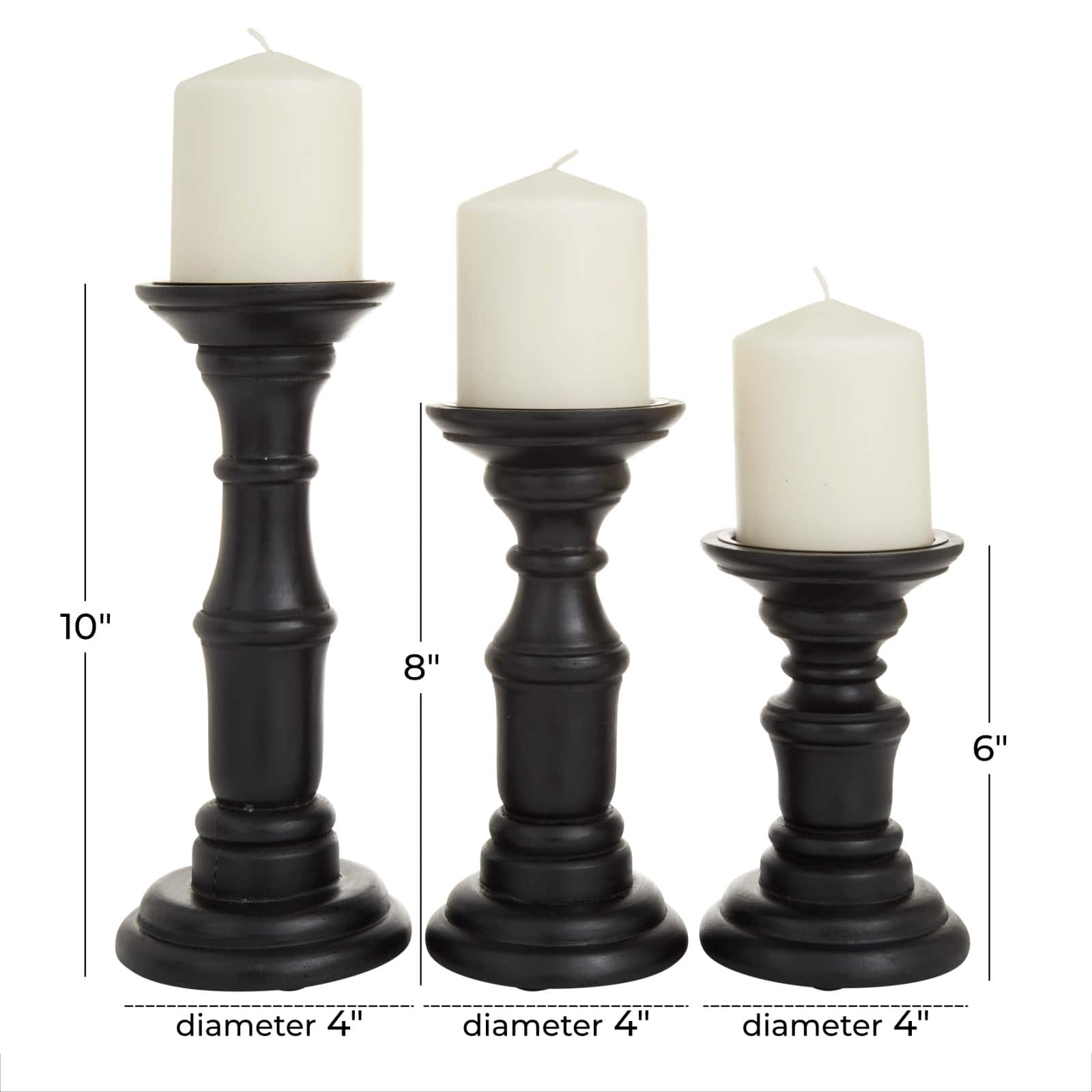 Set of 3 Black Mango Wood Traditional Candle Holders, 10&#x22; x 4&#x22; x 4&#x22;