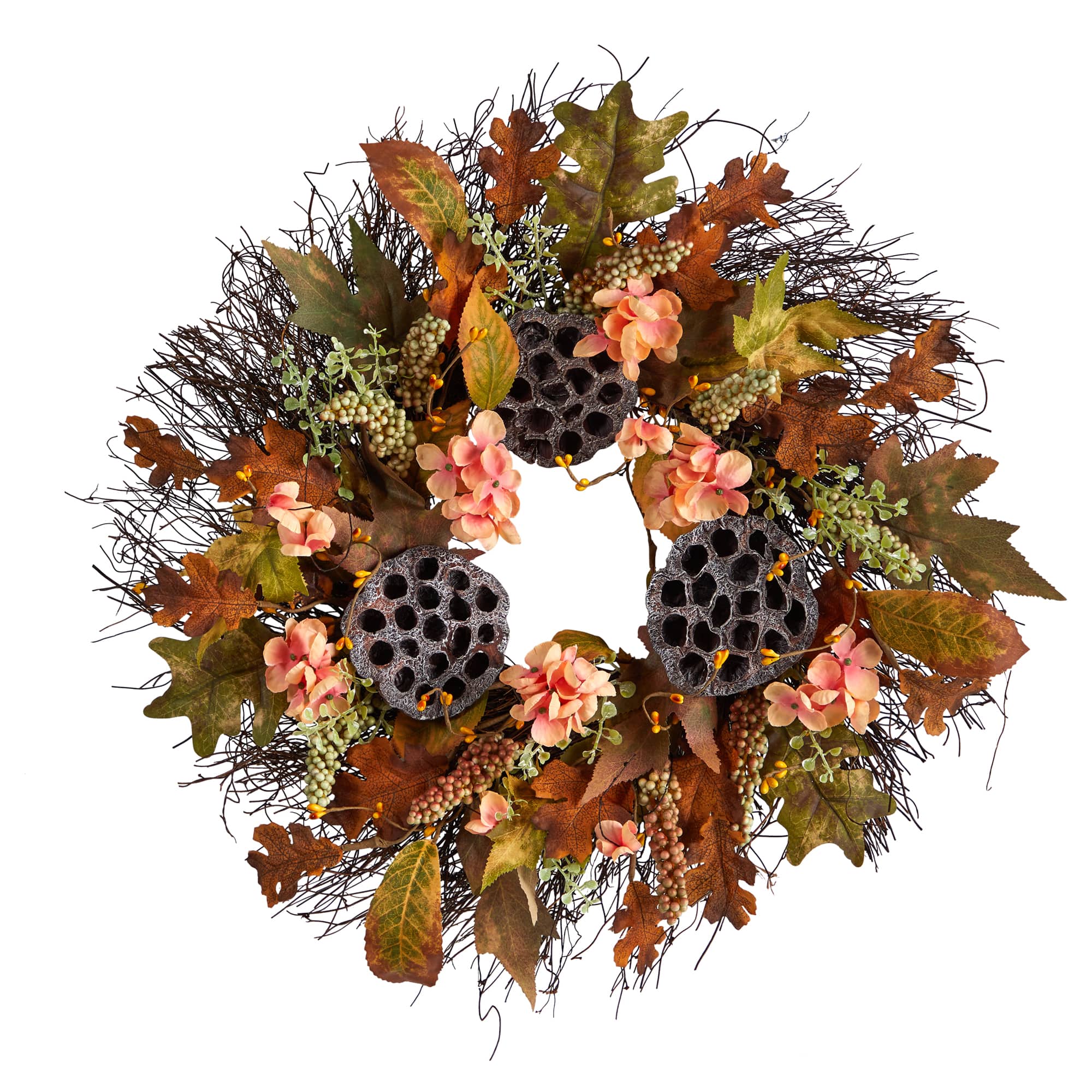 22&#x22; Hydrangea, Dried Lotus Pod Artificial Fall Wreath