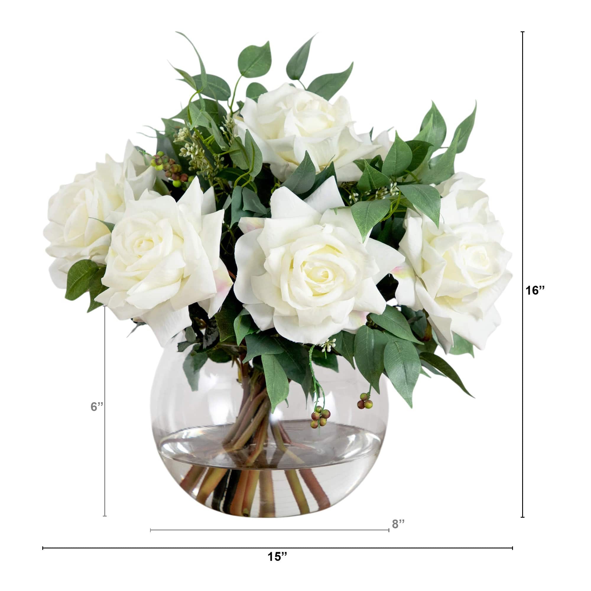 Wedding Collection 16in. Artificial Roses and Mixed Greens Arrangement in Glass Vase