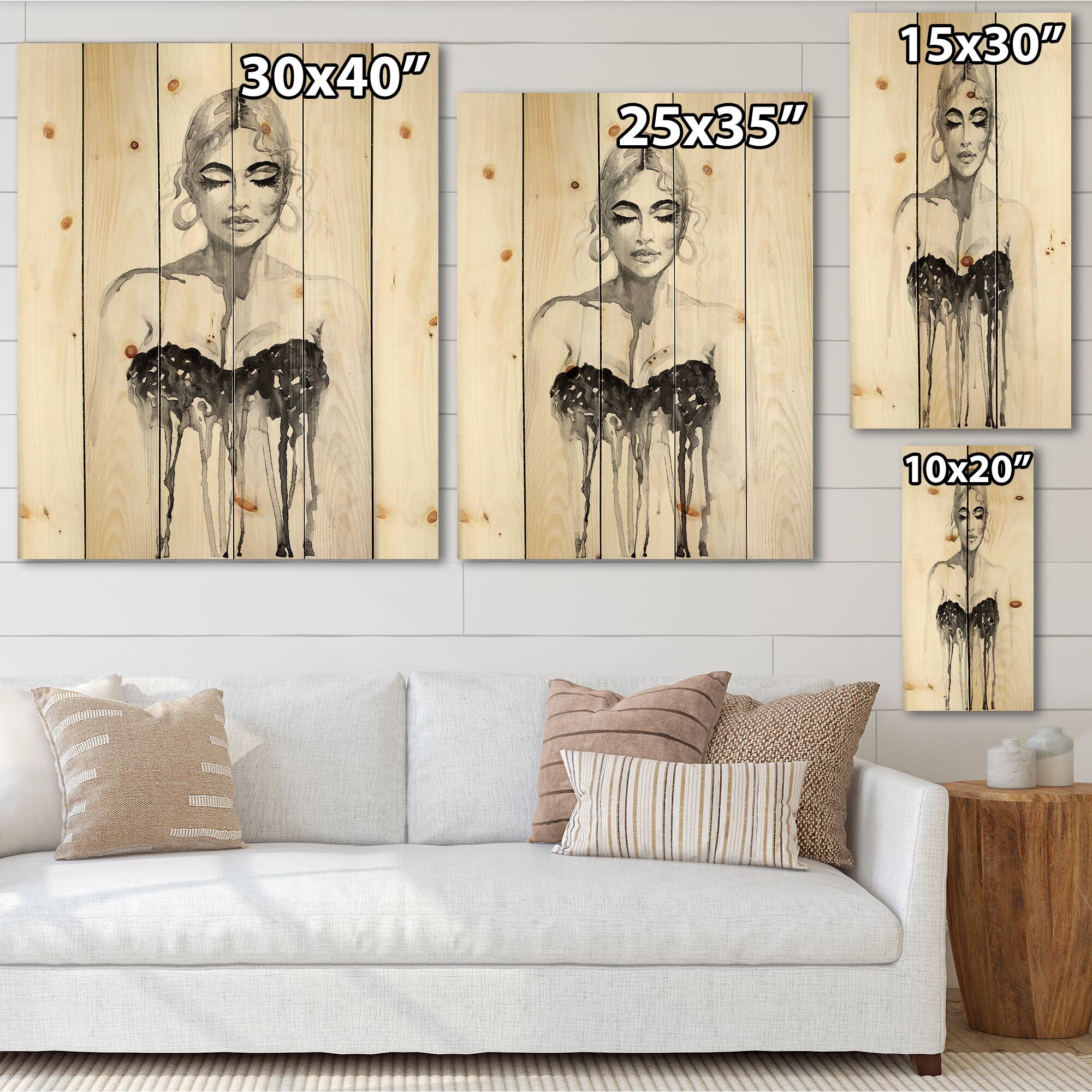 Designart - Monochrome Portrait of Woman Wearing Evening Dress - Modern Print on Natural Pine Wood