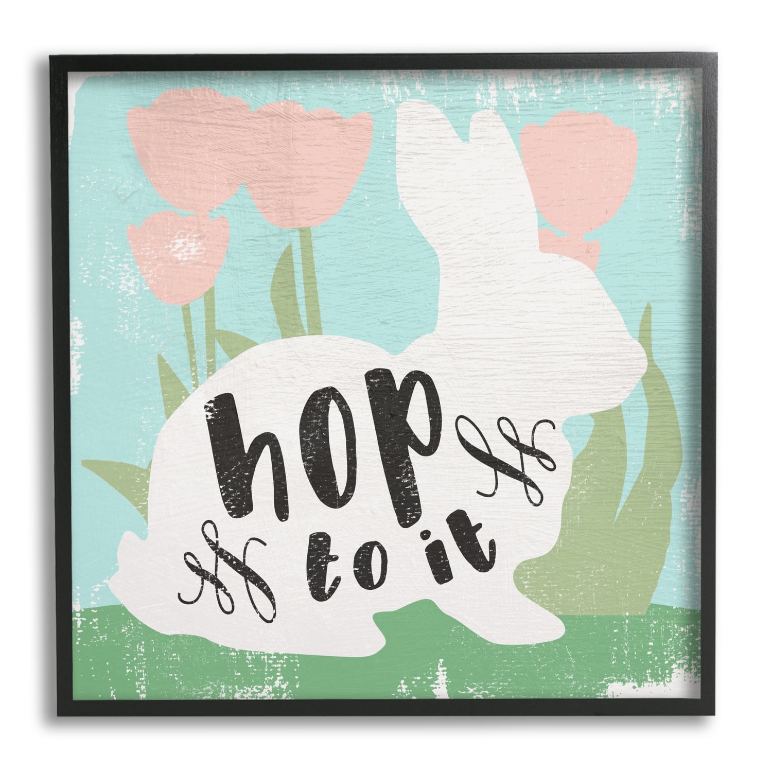Stupell Industries Hop To It Easter Bunny Phrase Spring Tulips Framed Giclee Art