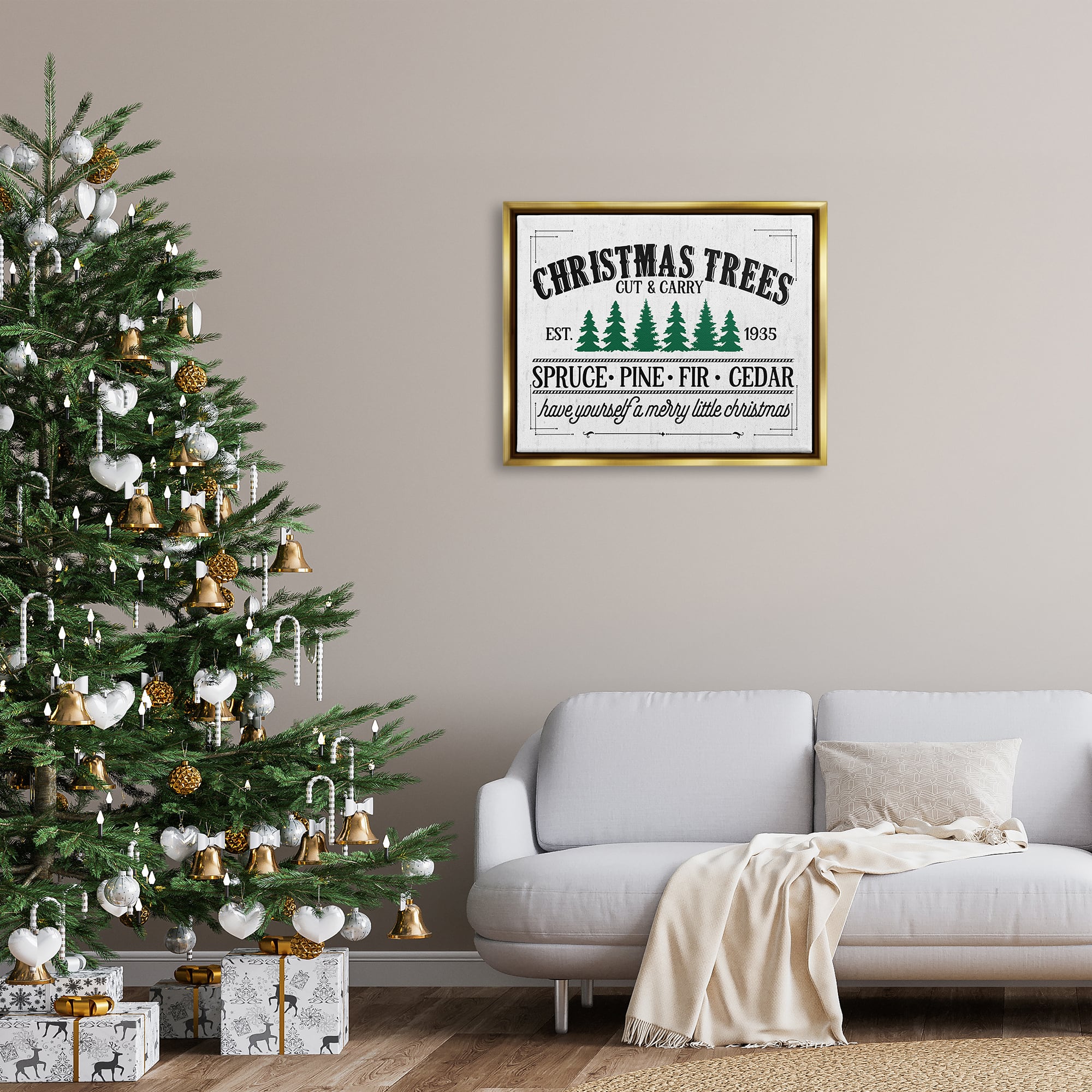 Stupell Industries Christmas Trees Vintage Sign Framed Floater Canvas Wall Art