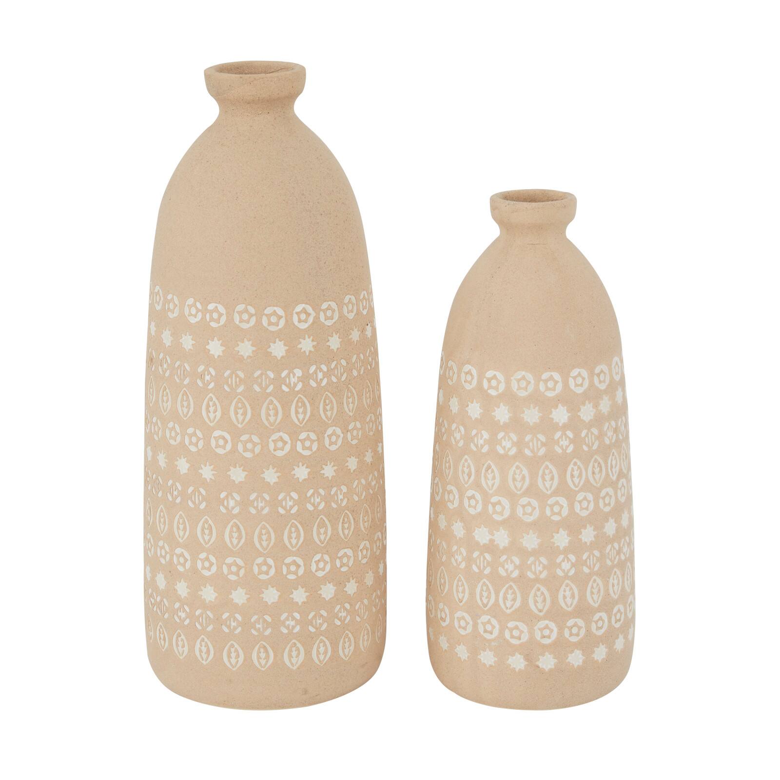Set of 2 Beige Stoneware Rustic Vases, 15" x 5" x 5"