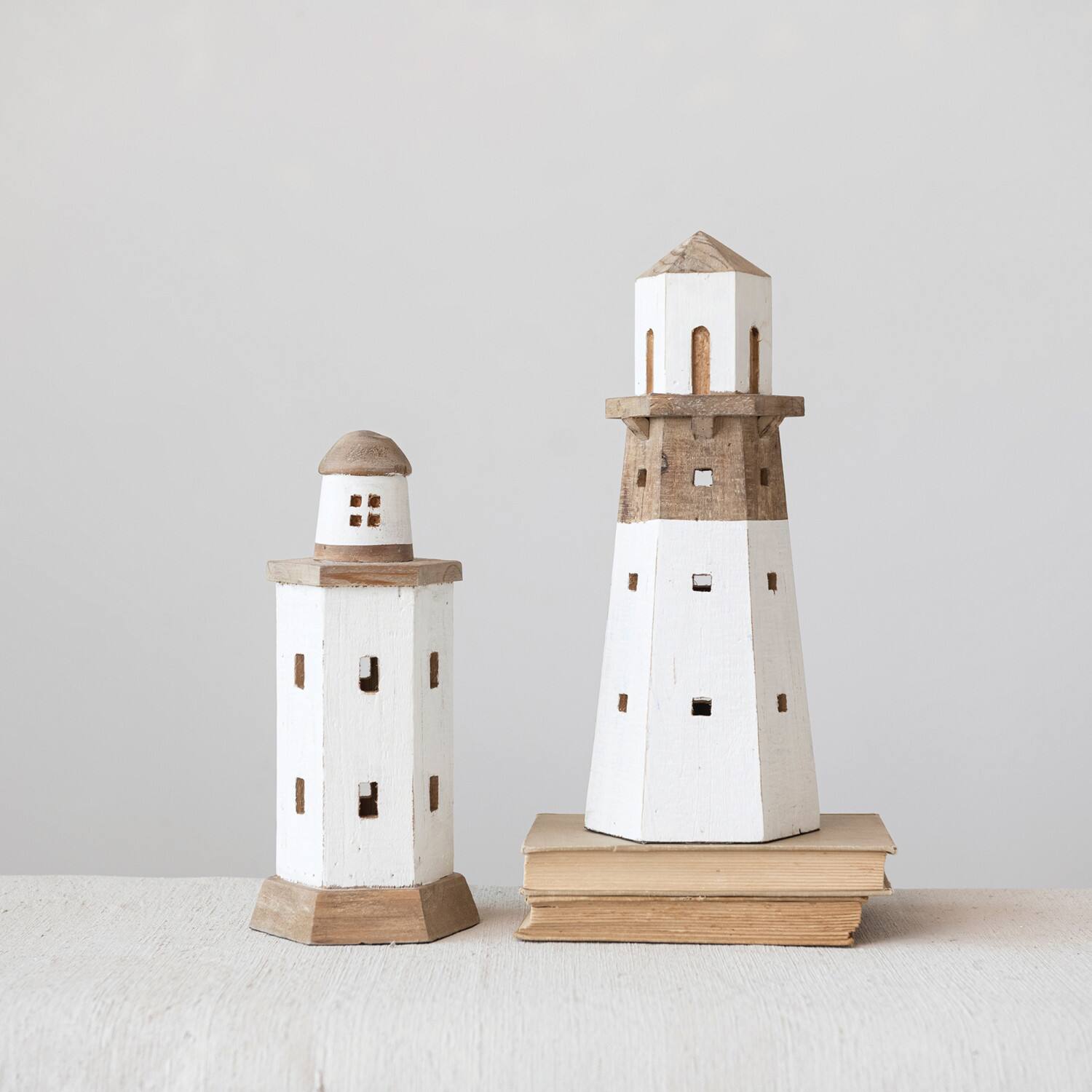 14&#x22; Natural and White Decorative 2-Tone Wood Light House