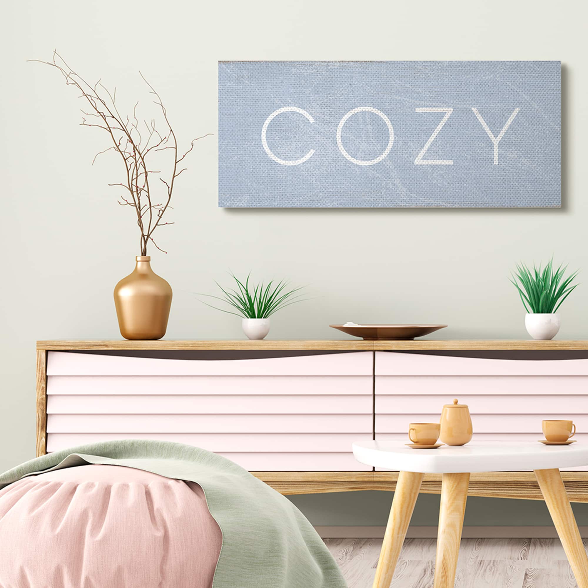 Stupell Industries Cozy Text Charming Distressed Blue Paint Canvas Wall Art