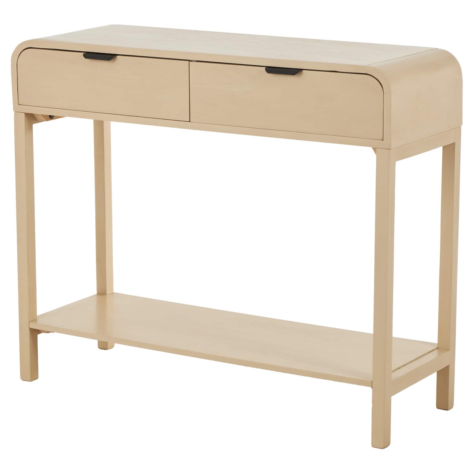 35.5" Beige Wood Handmade 2-Drawer Console Table with Black Handles
