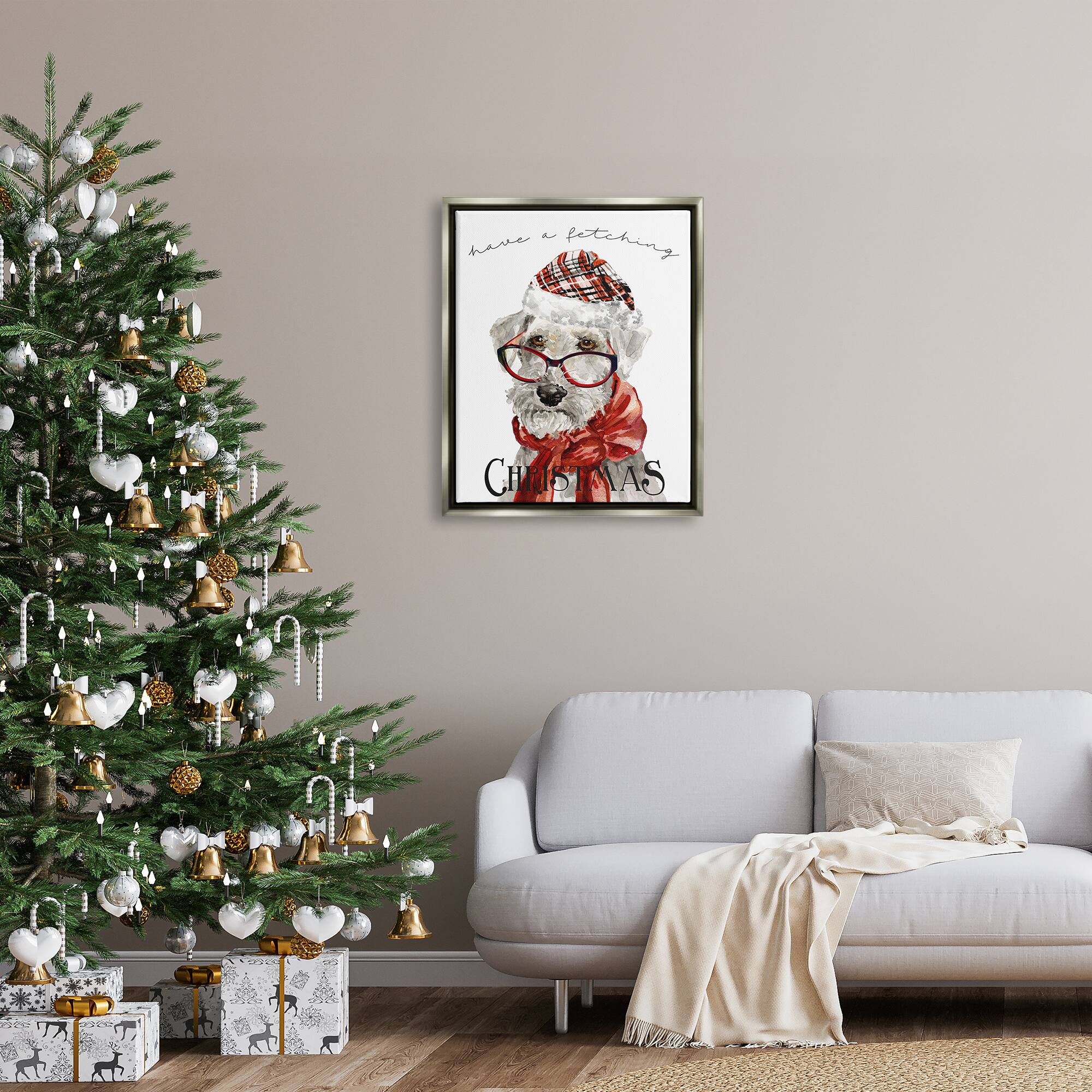 Stupell Industries Have a Fetching Christmas Dog Gold Framed Floater Canvas Wall Art