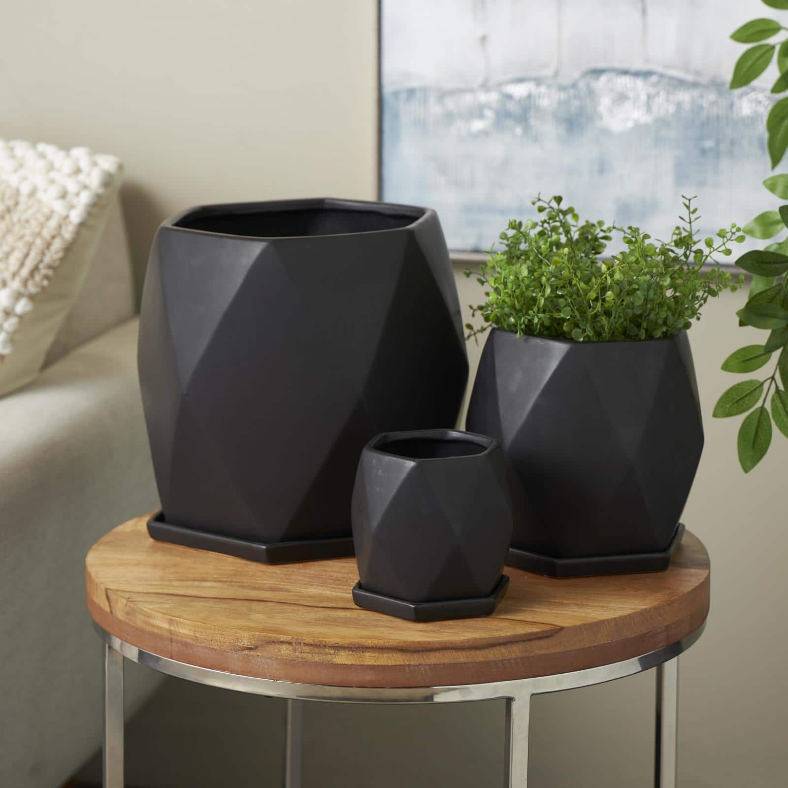 Black Faceted Ceramic Planter Set