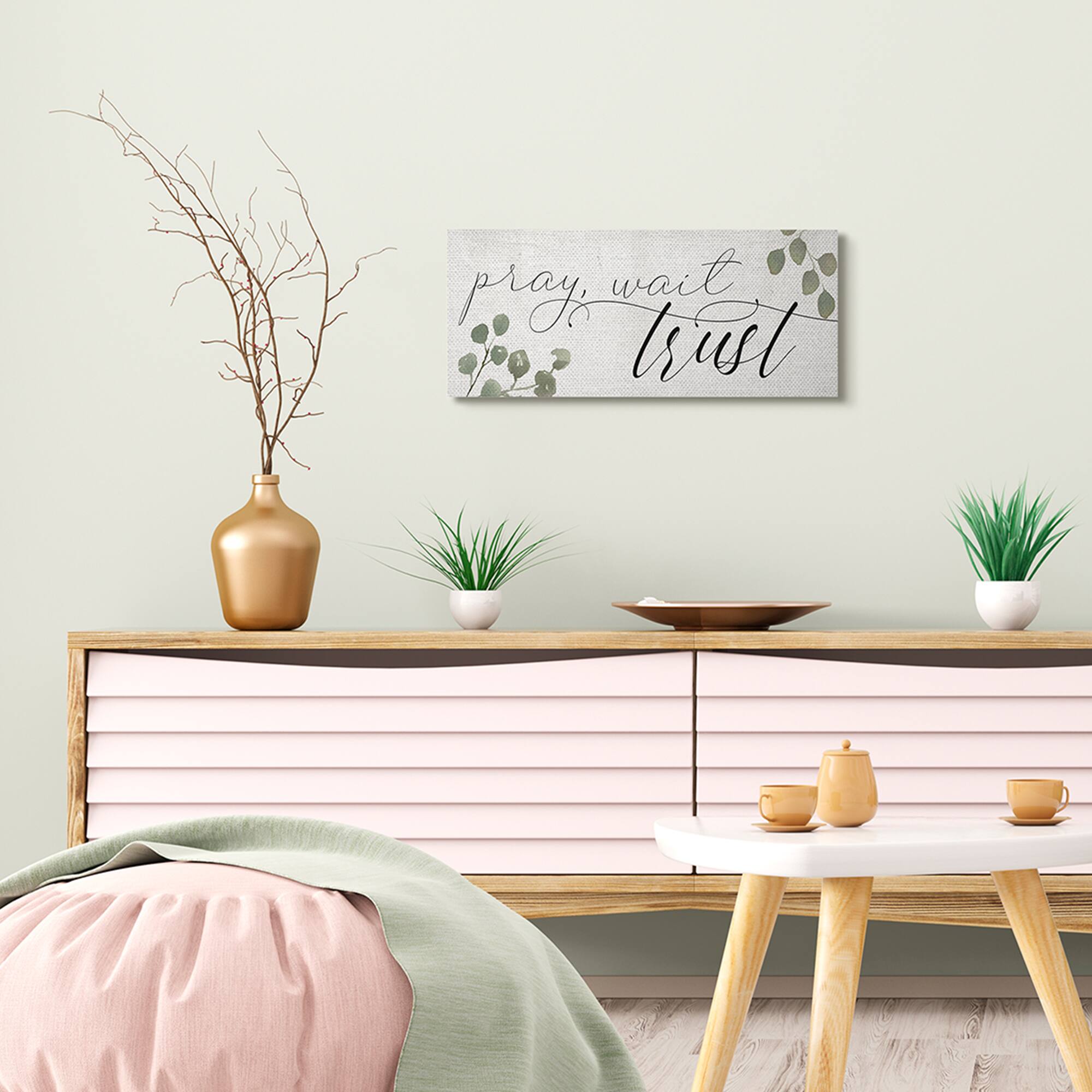 Stupell Industries Pray Wait Trust Phrase Peaceful Eucalyptus Branches Canvas Wall Art