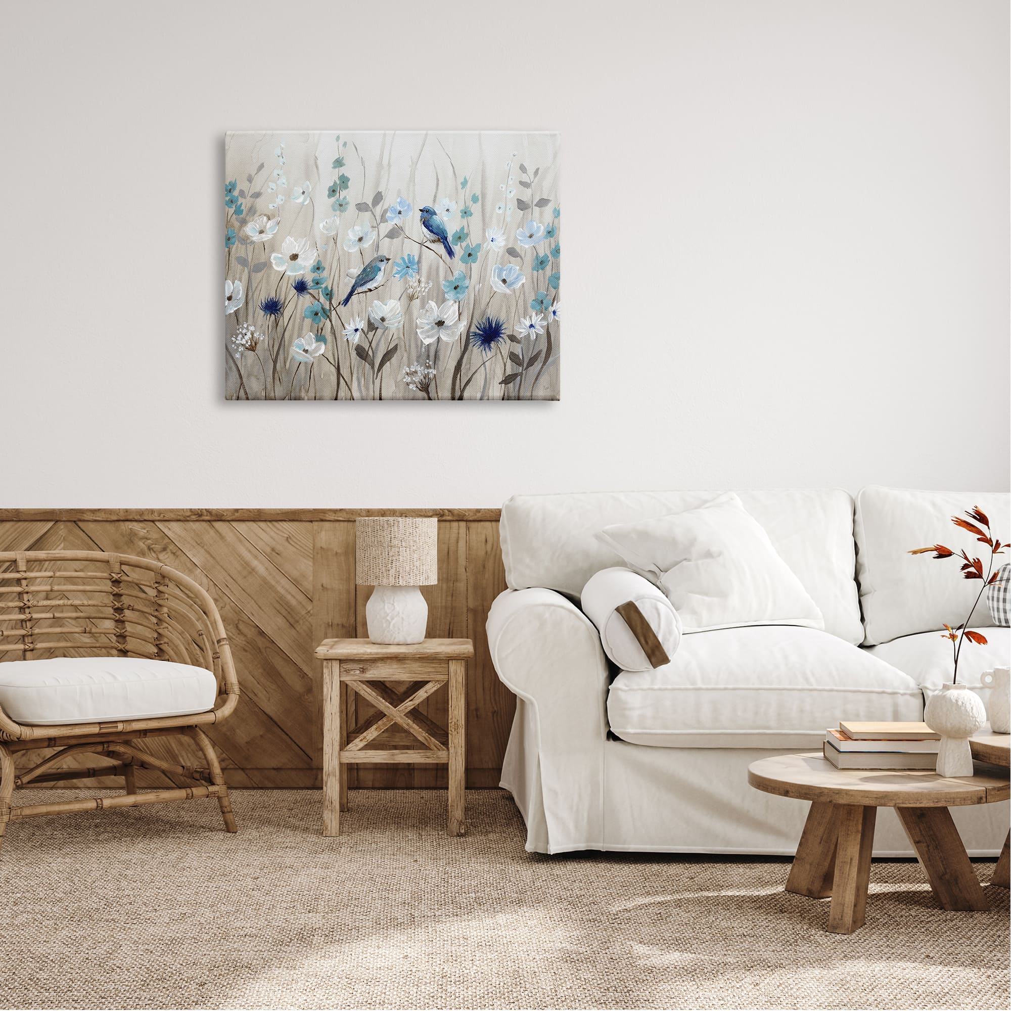 Stupell Industries Birds Floral Meadow Blue White Blossoms Canvas Wall Art