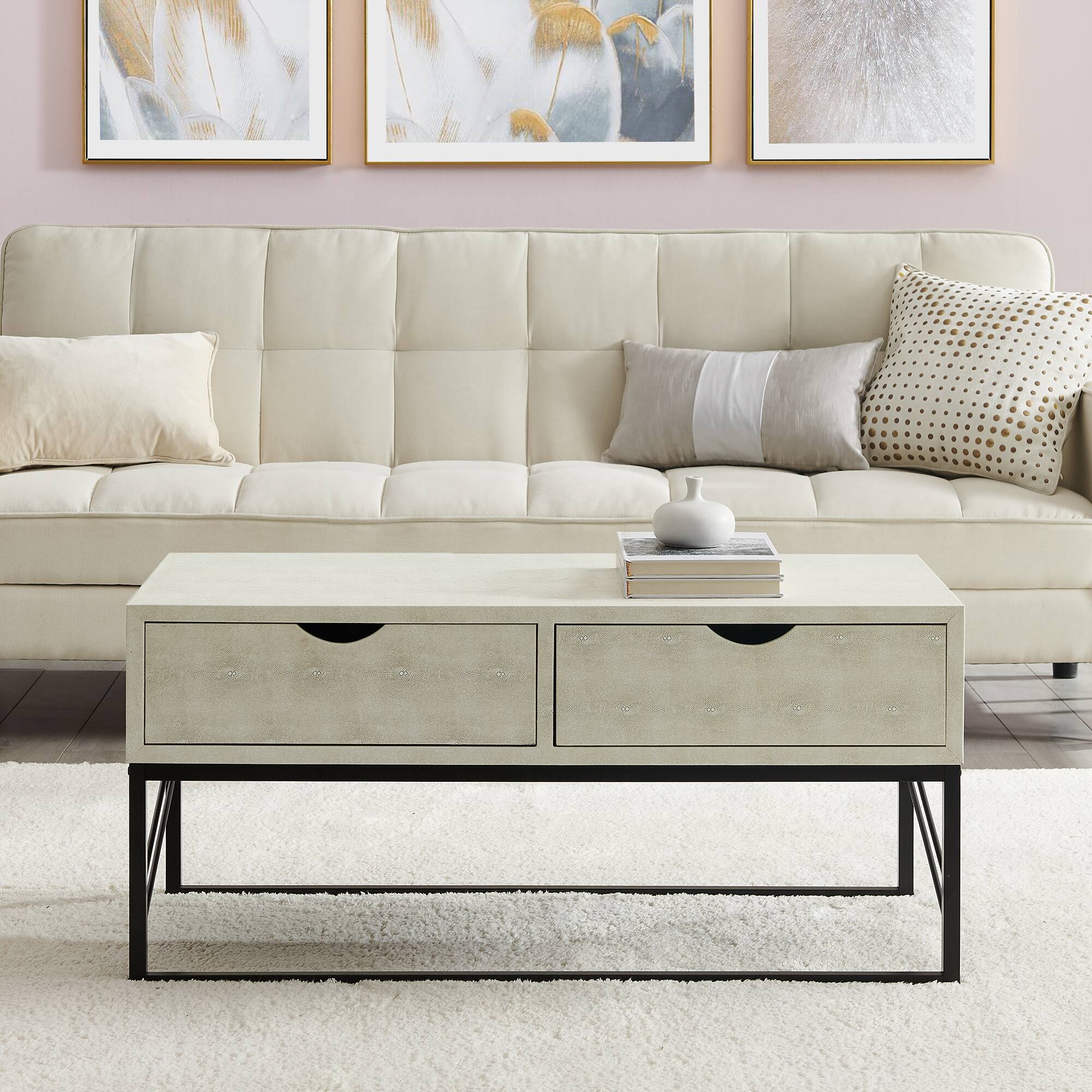 Off White 2-Drawer Faux Shagreen Coffee Table