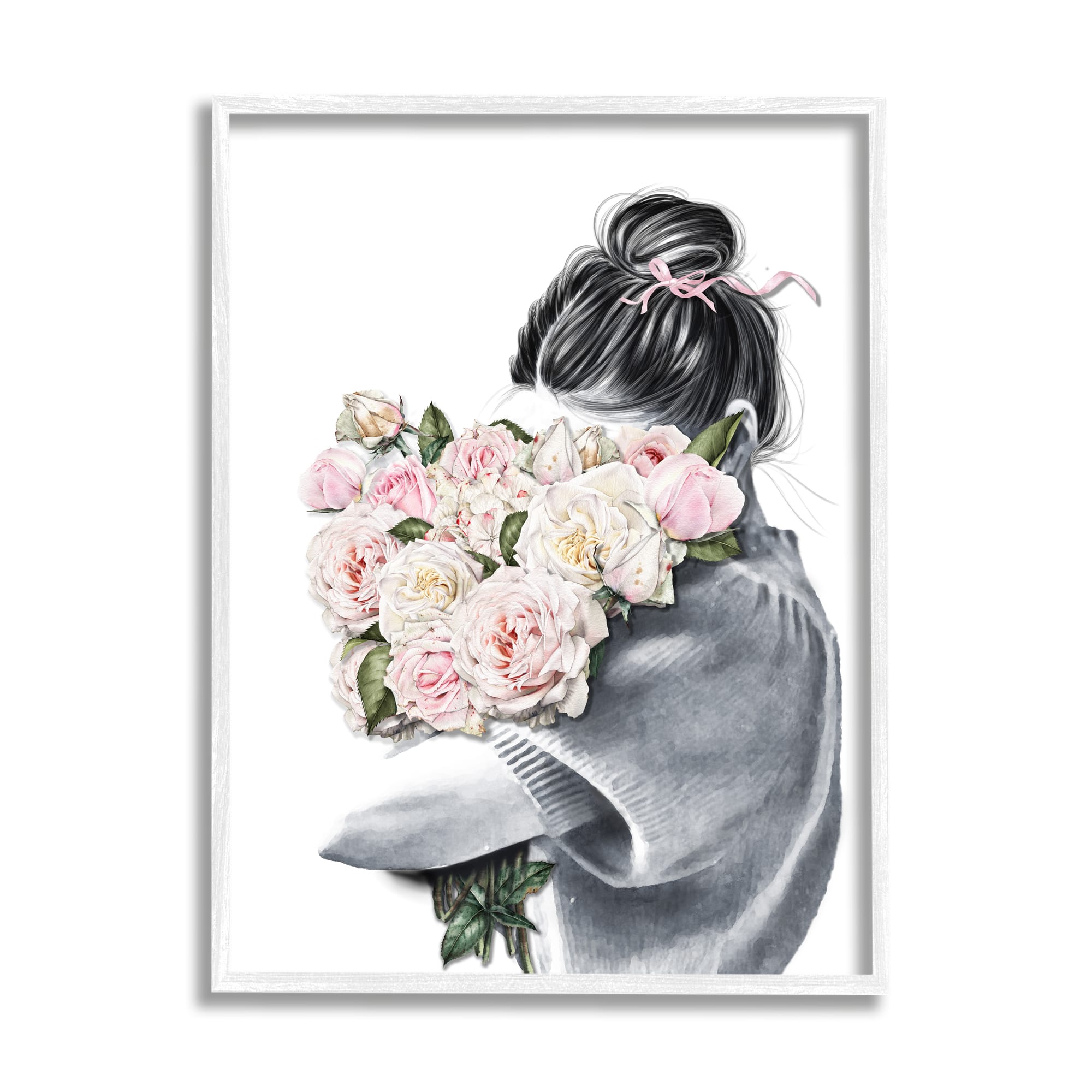 Stupell Industries Woman Smelling Bouquet Pink Pop Rose Florals in White Frame Wall Art