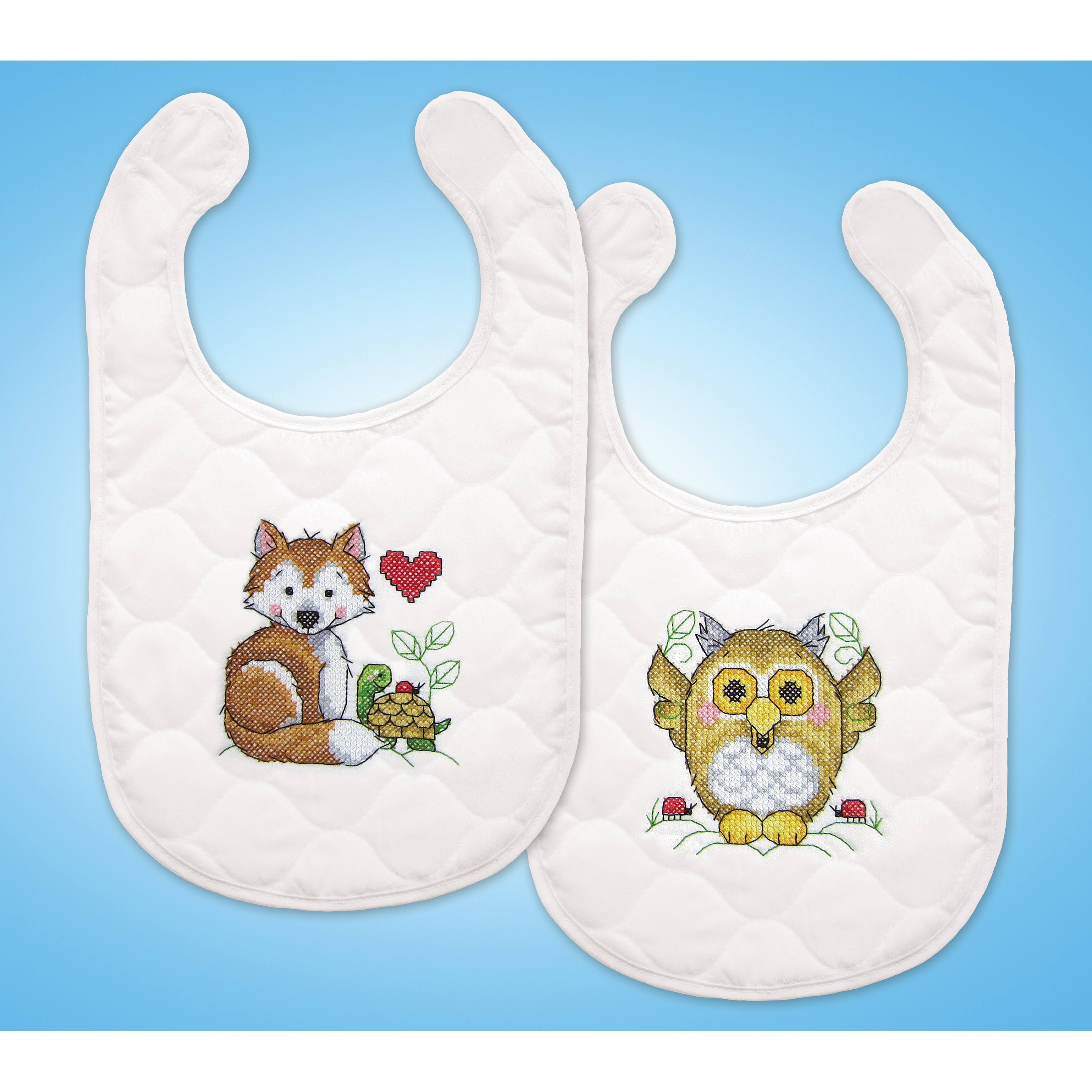 Design Works&#x2122; Baby&#x27;s Forest Bibs Stamped Cross Stitch Kit