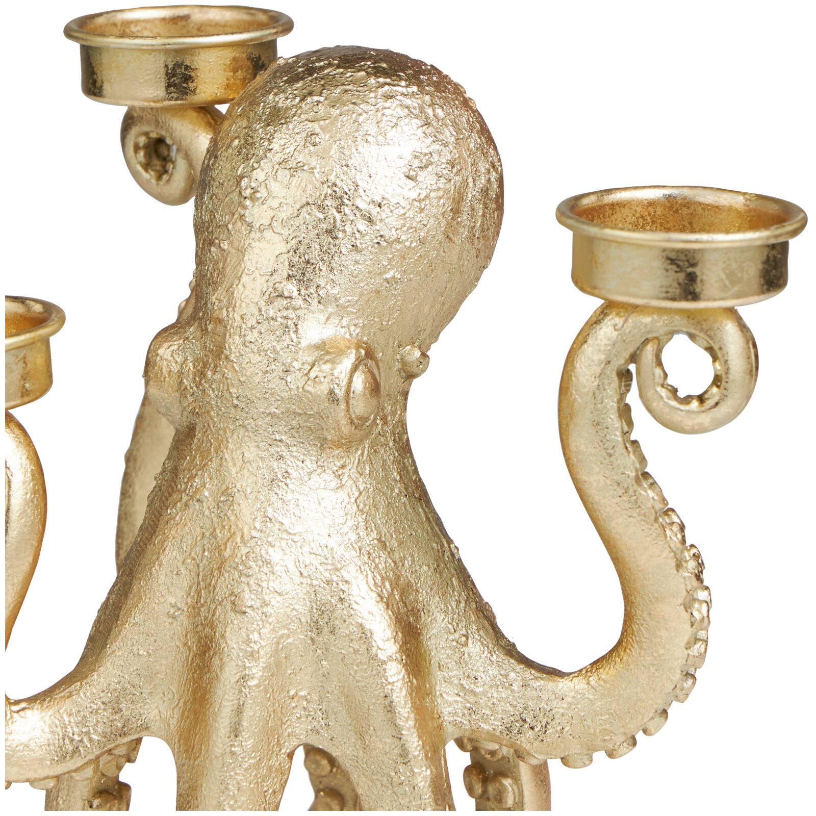 9" Gold Polystone Textured Octopus Candelabra with Tentacle Candle Slots