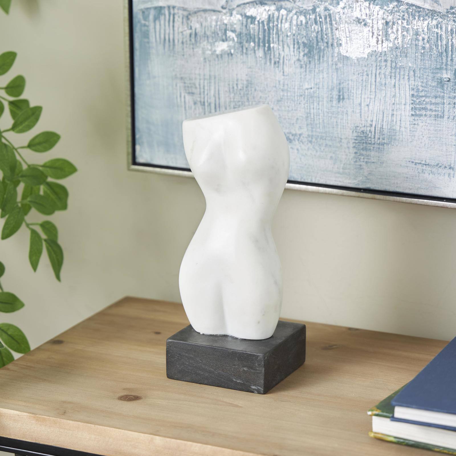 11" Marble Abstract Female Form Sculpture with Black Block Base
