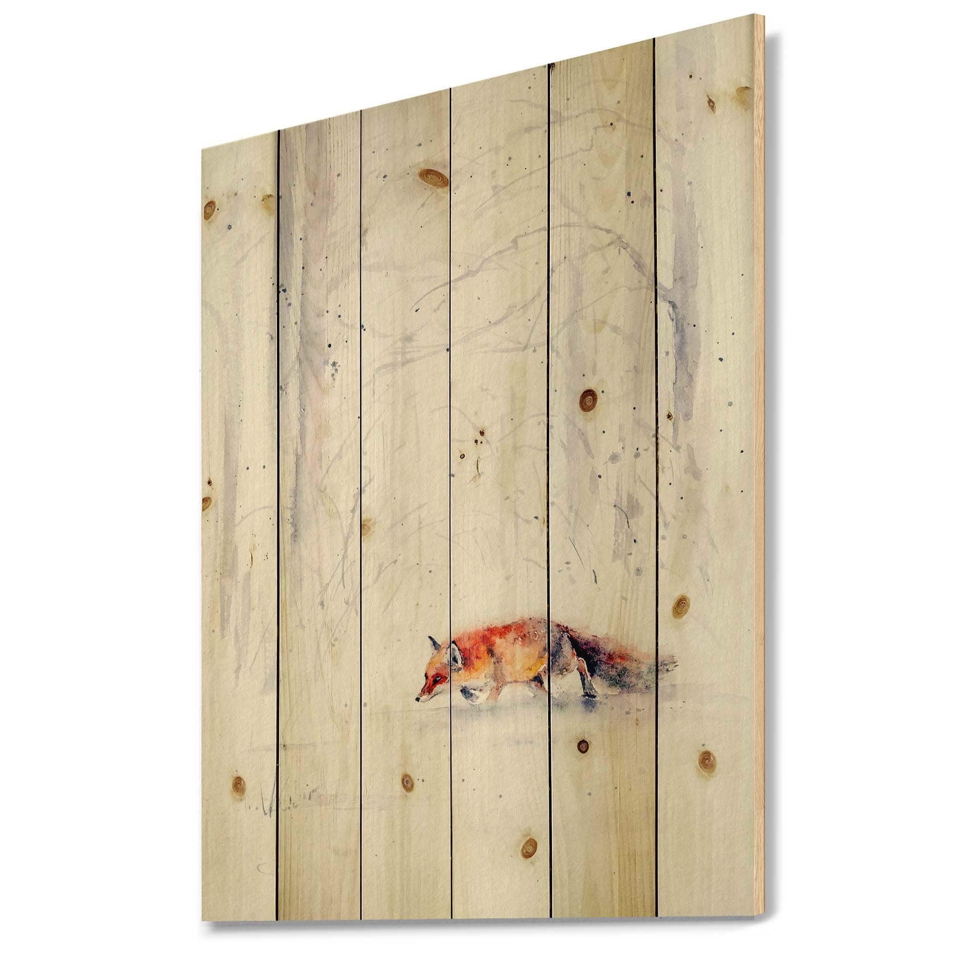 Designart - Red Fox Running In White Snow II - Farmhouse Print on Natural Pine Wood