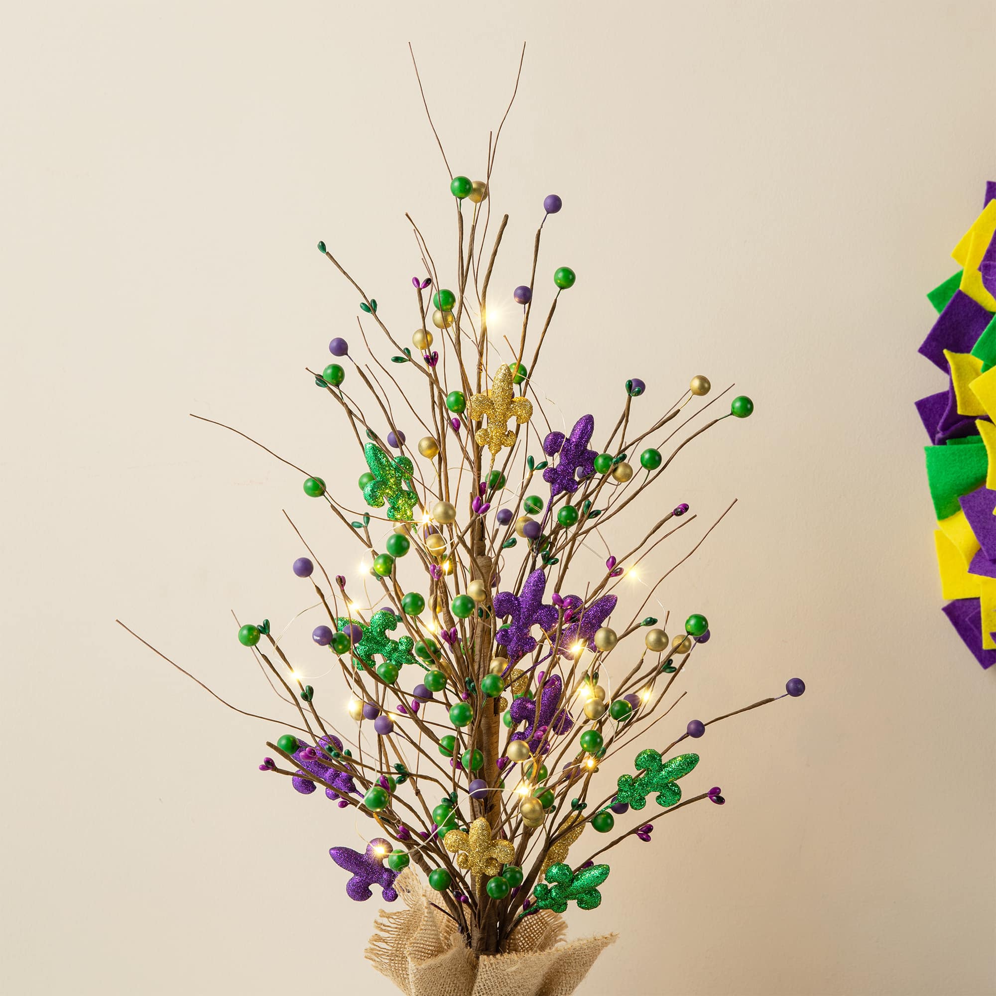 Glitzhome&#xAE; 21&#x22; Lighted Mardi Gras Fleur-de-Lis &#x26; Berry Table Tree